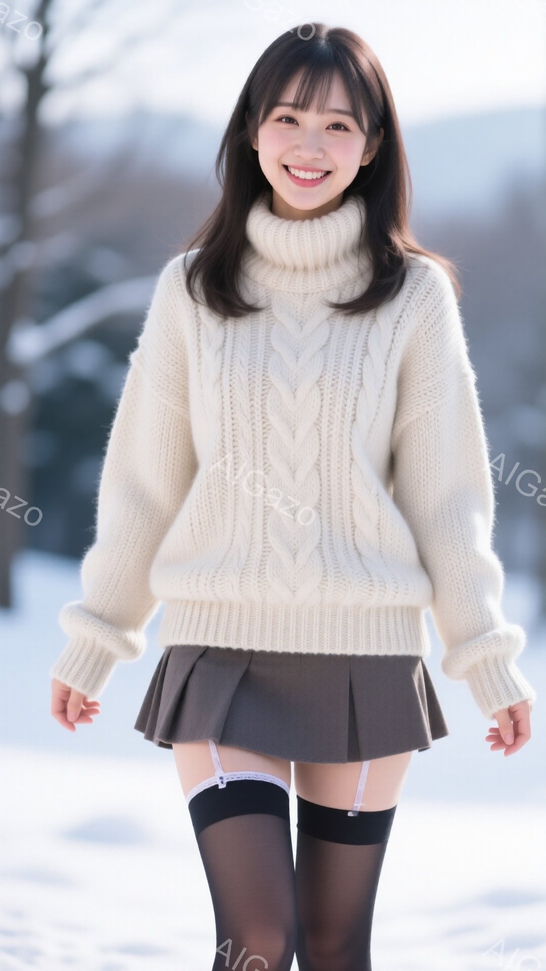 若い女性がニットセーターとプリーツスカートを着用し、雪景色の中で微笑んでいます。彼女は黒いタイツとサスペンダーを履いており、髪は肩にかかる長さで前髪が特徴的です。背景は雪に覆われた山々と、ぼやけた木々が見え、冬の穏やかな雰囲気を醸し出しています。