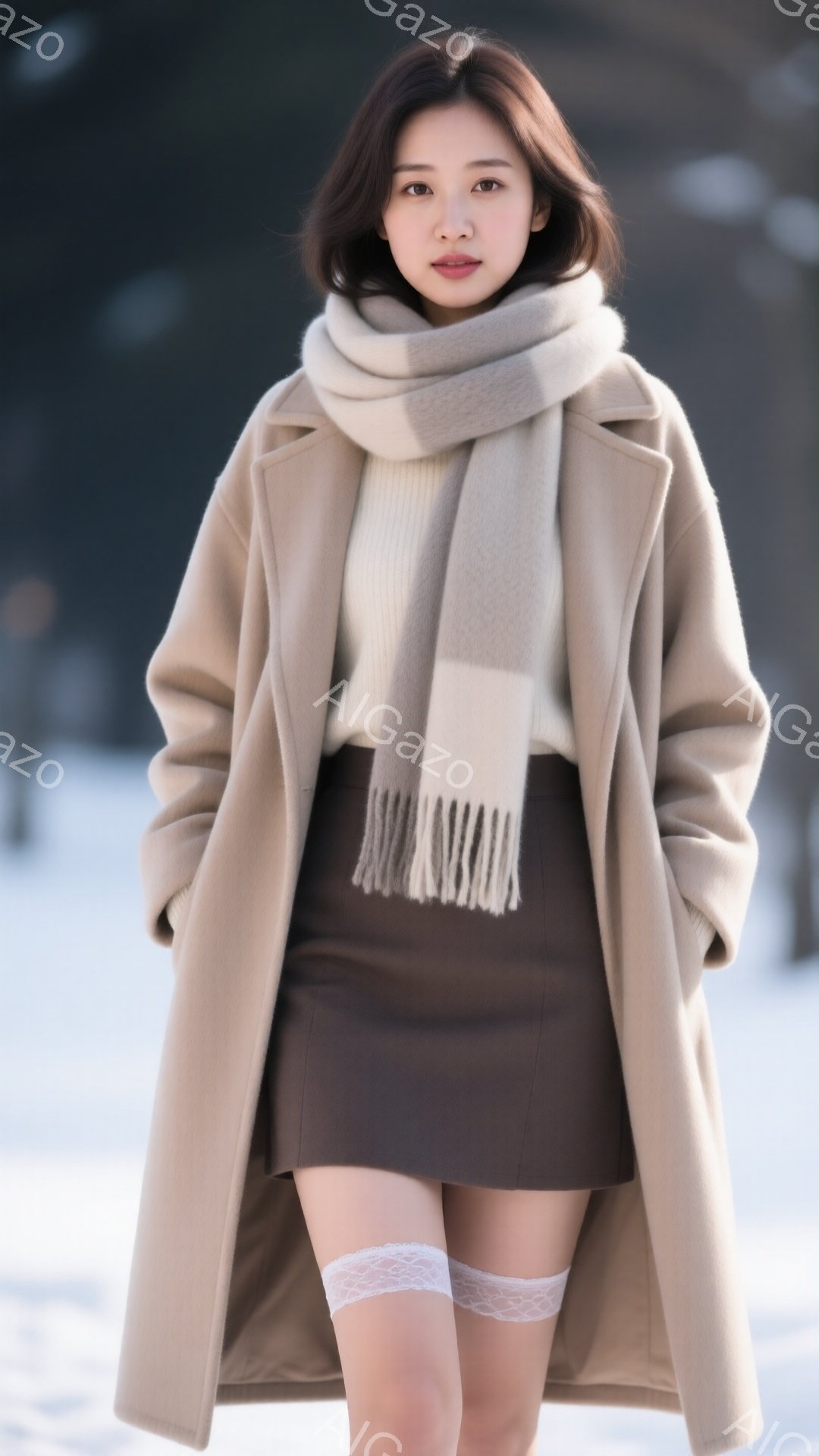 明るい茶色の長いコートを着た若い女性が写っています。彼女はベージュのセーターとチョコレート色の短いスカートを合わせ、白いレースのガーターを履いています。背景は雪景色で、冬の穏やかな雰囲気を醸し出してい - AI生成フリー素材