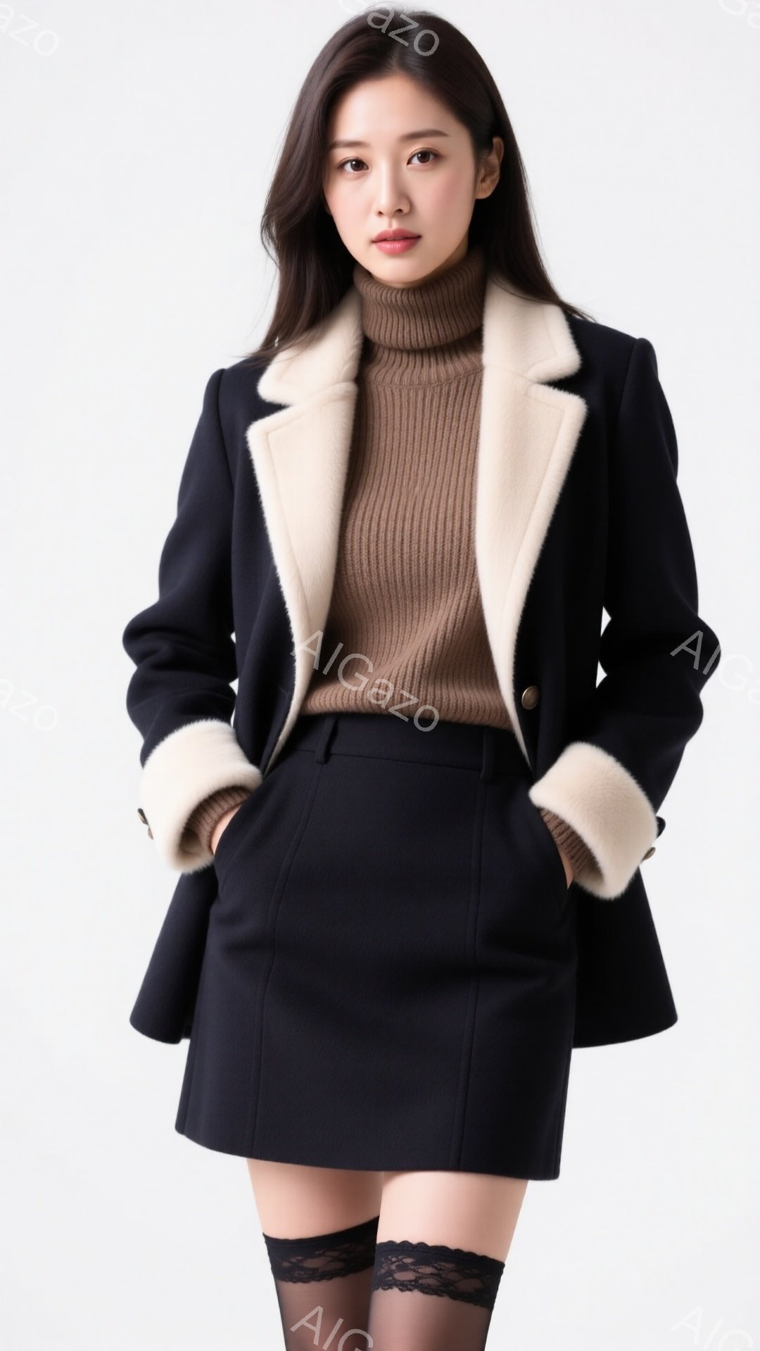 長い黒髪を肩にかけた女性は、黒のファーカラーのコートとベージュのタートルネックセーター、そして黒のミニスカートを身に着けています。彼女は少し微笑んでおり、姿勢はまっすぐで、黒いレースのストッキングを履 - AI生成フリー素材