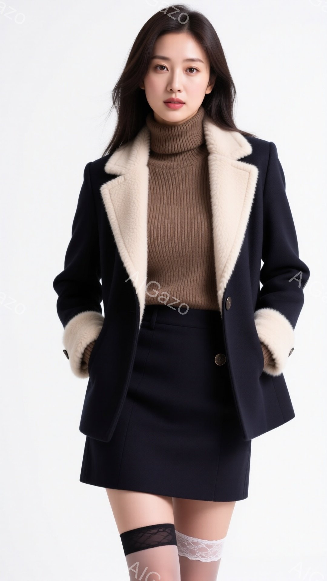長い黒髪の女性が、ネイビーのファー襟のコート、ベージュのタートルネックセーター、そして黒いミニスカートを身につけています。彼女は少し微笑んでおり、姿勢はまっすぐで、片足には黒いストッキングと白いレースのサスペンダーガーターベルトを着用しています。背景は白く、人物に焦点が当てられています。