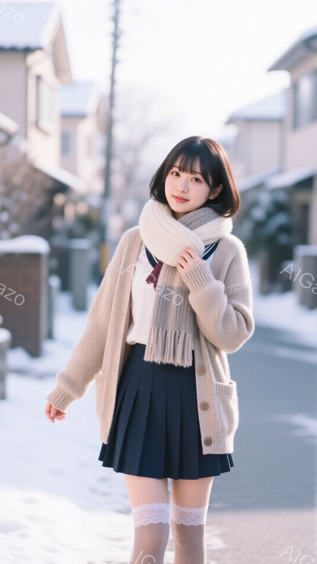 画像は、紺色のプリーツスカートと白いブラウスに、ベージュのカーディガンを羽織った若い女性が写っています。彼女は笑顔でカメラを見つめ、首に巻かれた白いマフラーが印象的です。背景は雪景色で、住宅街の穏やか - AI生成フリー素材
