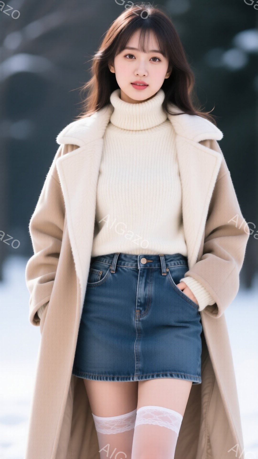 若い女性が、オフホワイトのニットセーターにデニムのミニスカート、そしてキャメルのロングコートを着ています。彼女は髪をサイドパートにしており、少し微笑んでいます。背景はぼやけており、雪が降っているようです。