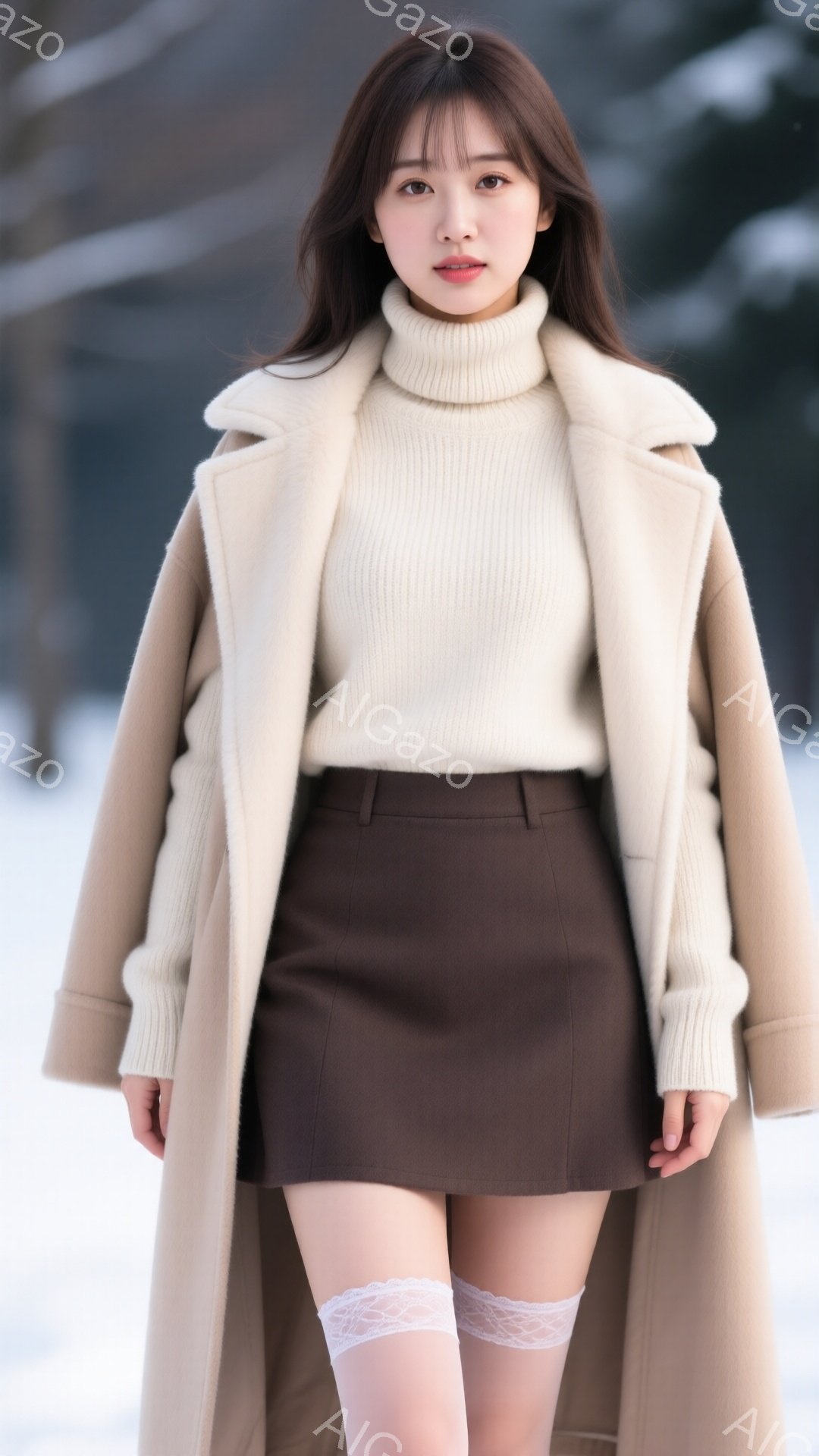 長いダークブラウンの髪と控えめな微笑みを浮かべた若い女性が写っています。ベージュのニットセーターとダークブラウンのミニスカート、白いレースのニーハイソックスを着用し、さらにベージュのロングコートを羽織 - AI生成フリー素材