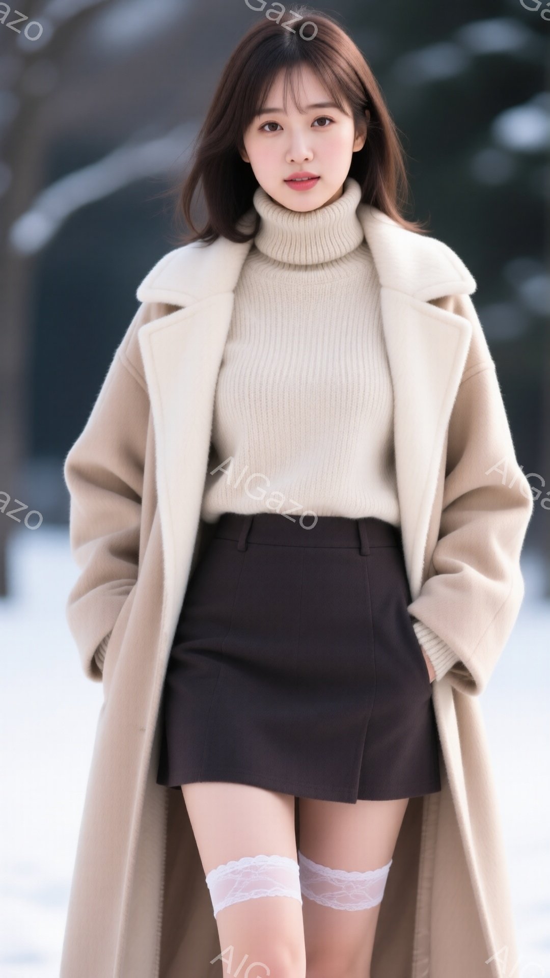 明るい茶色のセーターと黒のミニスカートを着用した若い女性が立っています。彼女はベージュのオーバーサイズのコートを着ており、白いレースのガーターを履いています。背景にはぼやけた建物と雪が降る様子が見え、 - AI生成フリー素材