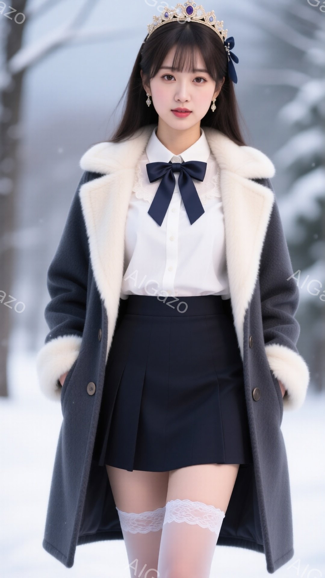 長い黒髪にティアラをつけ、白いブラウスと濃い青色のプリーツスカート、そしてふわふわの襟付きのグレーのコートを身につけた女性が写っています。彼女は少し微笑んでおり、姿勢はまっすぐで、白いレースのニーハイ - AI生成フリー素材