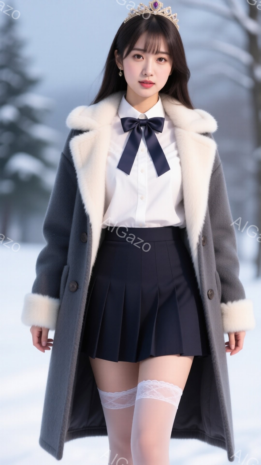 長い黒髪をセンターパートにして、頭には紫色のティアラを戴いています。グレーのファー付きのコートに、紺色のプリーツスカートと白いオーバーサイズシャツ、レースのついた白のソックスを合わせ、冬の雪景色の中に立っています。表情は少し微笑みを浮かべ、少し前方を見据えたポーズをとっています。