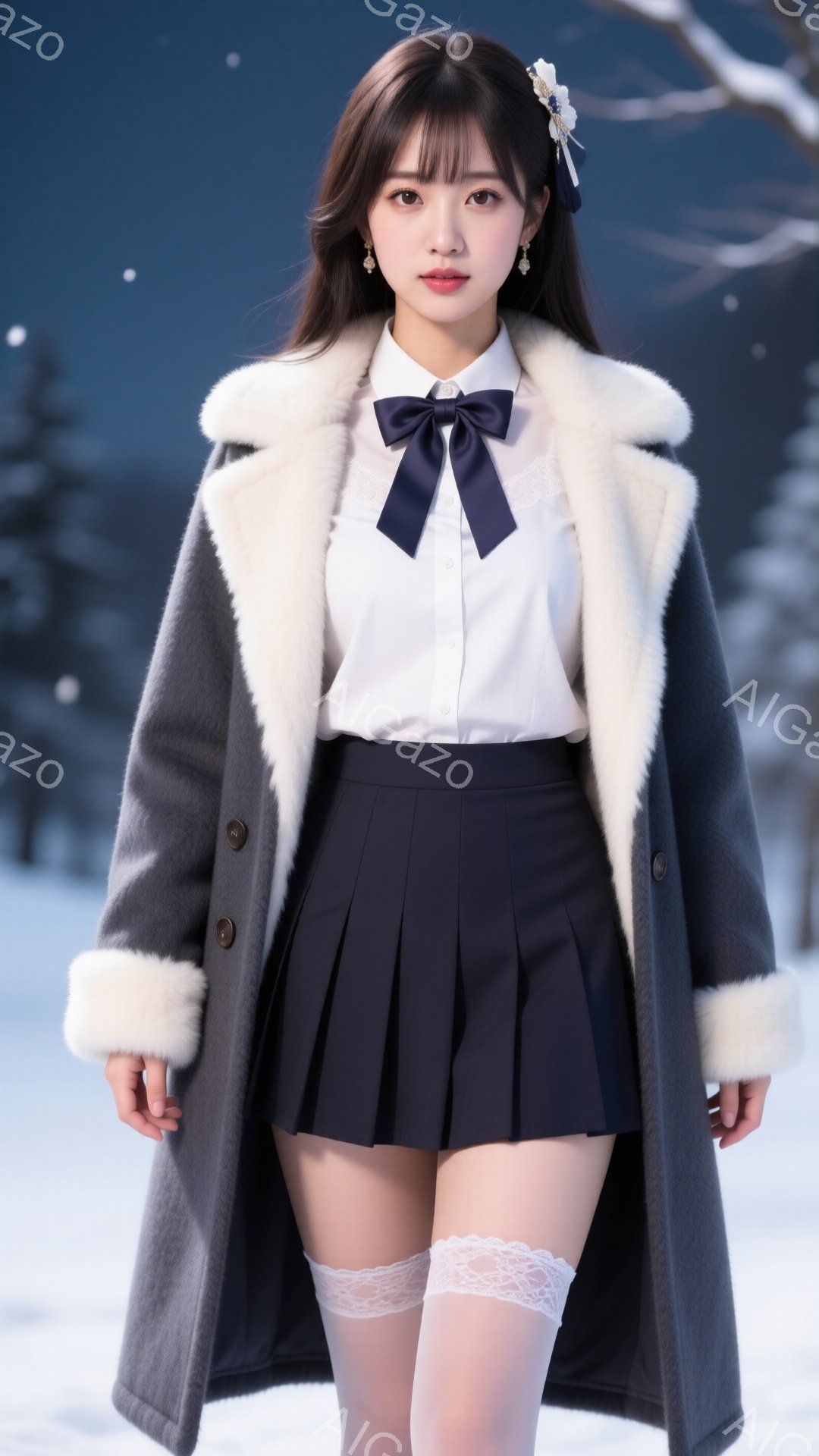 長い黒髪に、前髪がぱっつんと切られた女性が、グレーのファーカラーのコートを着ています。白いシャツにネイビーの蝶ネクタイとプリーツスカート、レースのついた白いニーハイソックスを合わせ、少し冷たい表情で正面を見つめています。背景は雪景色で、遠くにぼんやりと木々が見え、全体的に冬の寒々とした雰囲気が漂っています。