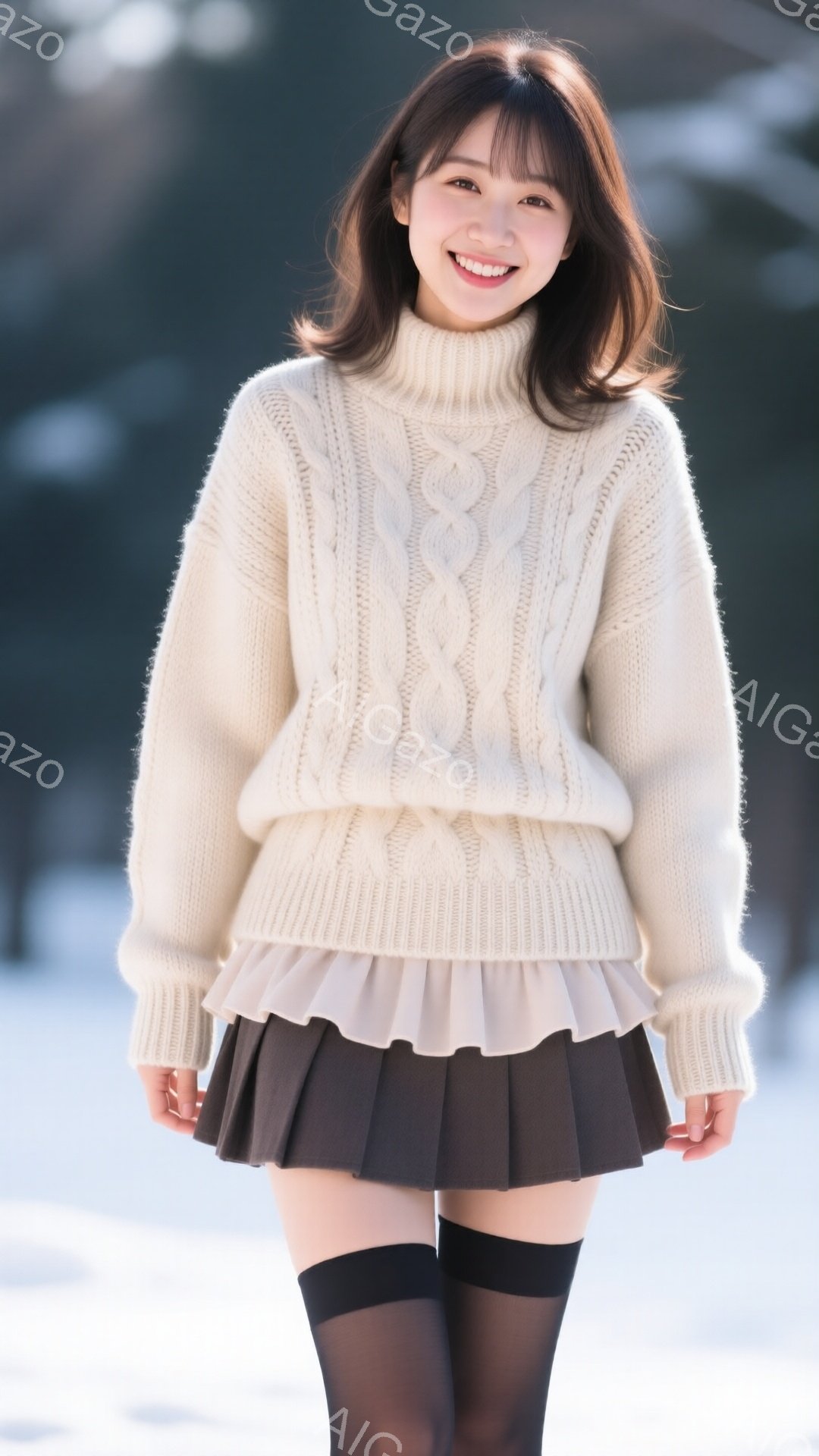 明るい笑顔を浮かべた若い女性が写っている。オフホワイトのケーブルニットセーター、ベージュのフリル付きブラウス、ダークブラウンのプリーツスカート、黒のニーハイソックスを着用している。背景はぼやけた雪景色 - AI生成フリー素材