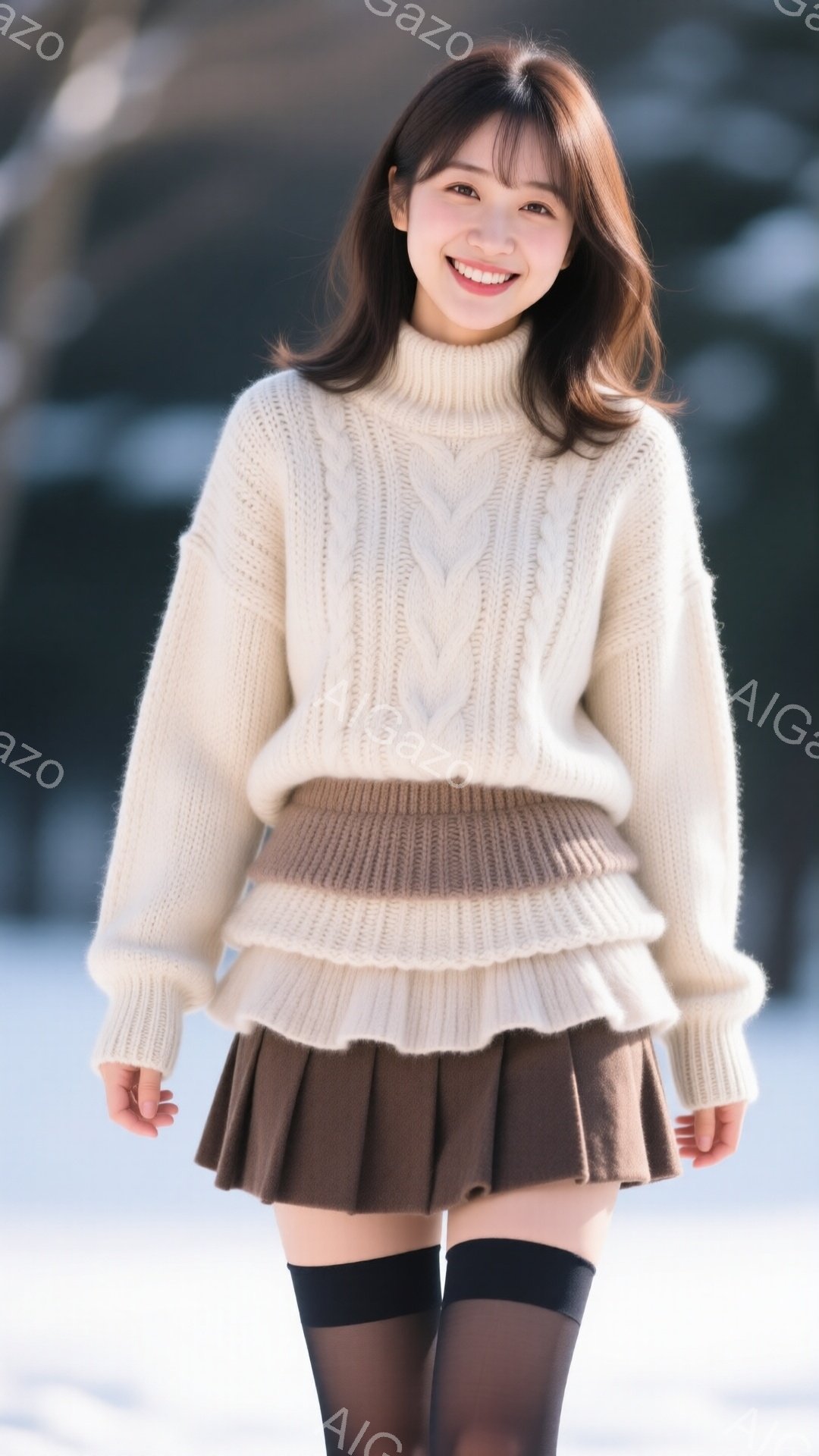 明るい笑顔を浮かべた女性が写っている。オフホワイトのケーブルニットセーターと、茶色のプリーツスカート、黒いタイツを着用し、髪は肩までの長さで、前髪は軽く分けている。背景はぼやけた冬の風景で、雪が降って - AI生成フリー素材