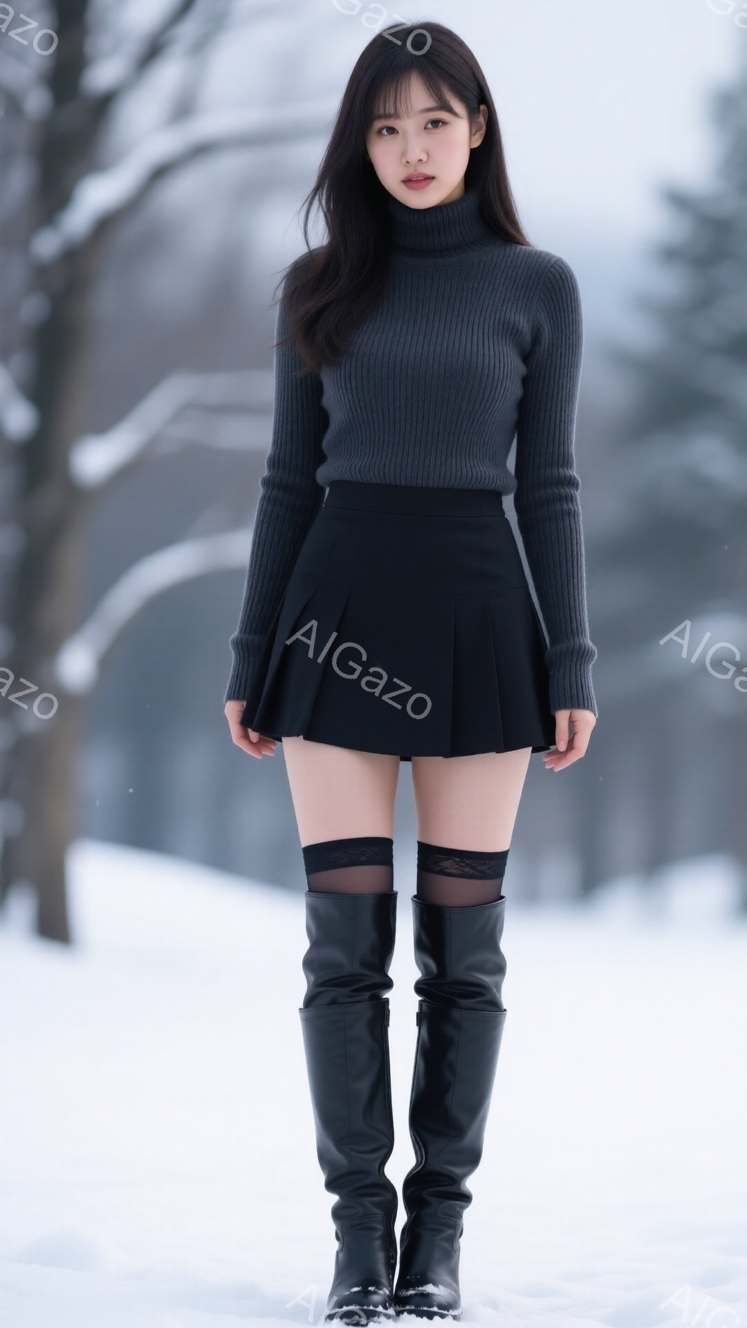 長い黒髪を肩にかける若い女性が、グレーのタートルネックセーターと黒のプリーツスカート、膝丈の黒いブーツを着用し、雪景色の中に立っています。彼女はやや緊張した表情で、真剣な眼差しで正面を見つめています。 - AI生成フリー素材