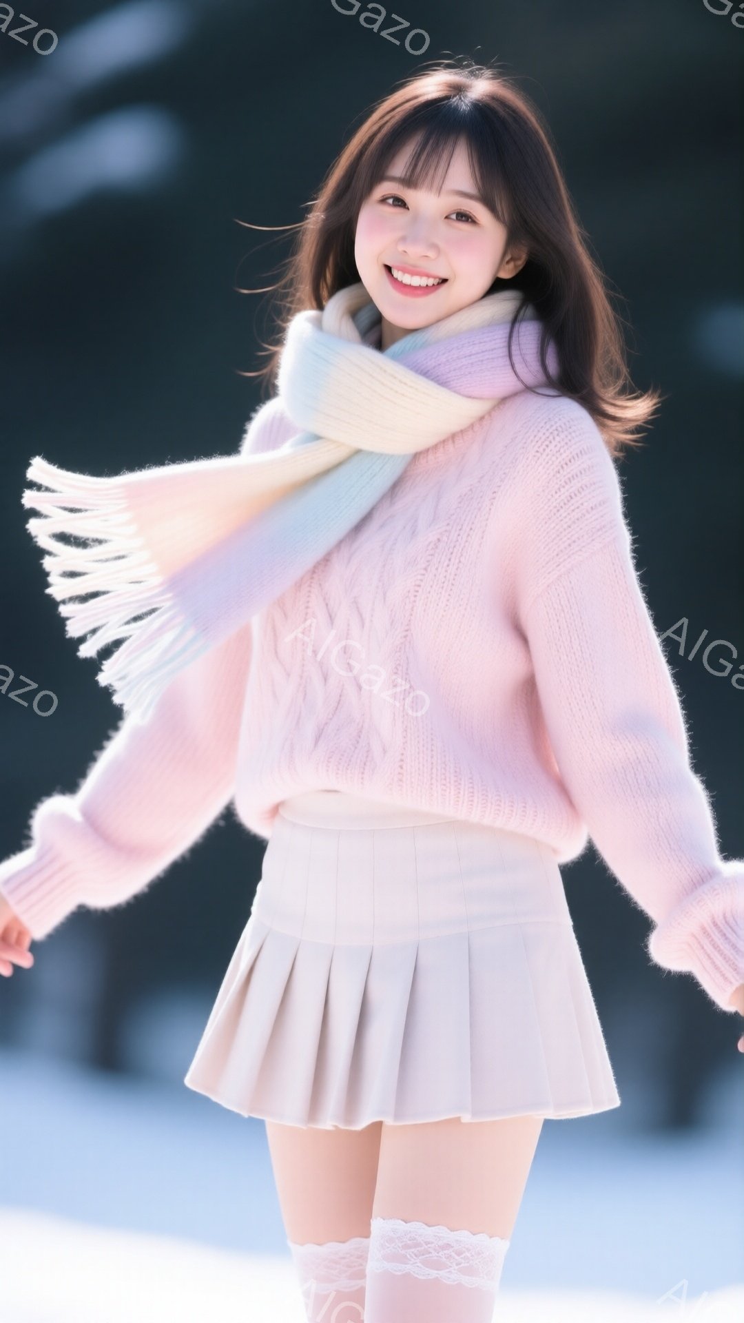 明るい笑顔を見せる若い女性が写っている。彼女は、ケーブル編みのピンクのセーター、プリーツのパステルピンクのスカート、レース付きの白いハイソックスを着用し、パステルカラーのストールを首に巻いている。背景はぼやけた雪景色で、冬の穏やかな雰囲気が漂っている。