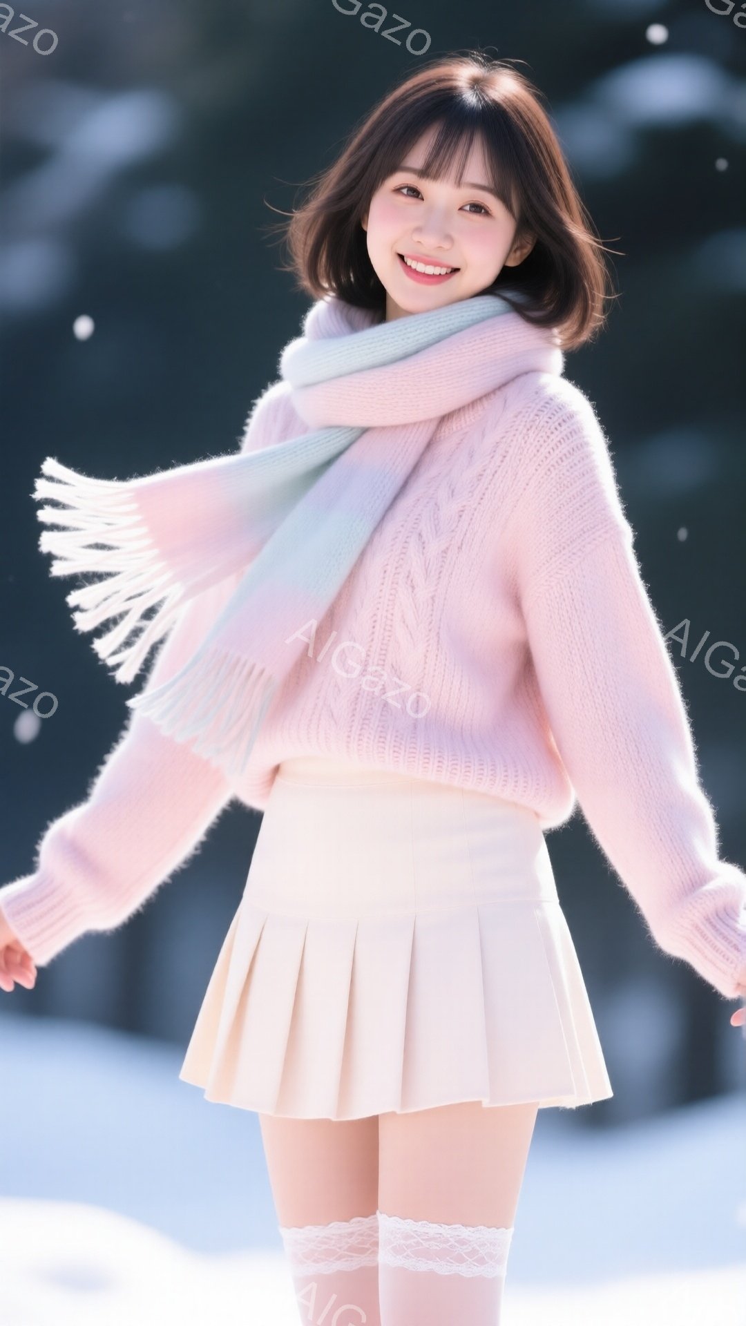 若い女性がピンクのニットセーターと淡いピンクのプリーツスカートを着て、白いレースのついたニーハイソックスを履いています。彼女は微笑んでおり、首に巻かれた淡い緑とピンクのグラデーションのストールが風にな - AI生成フリー素材