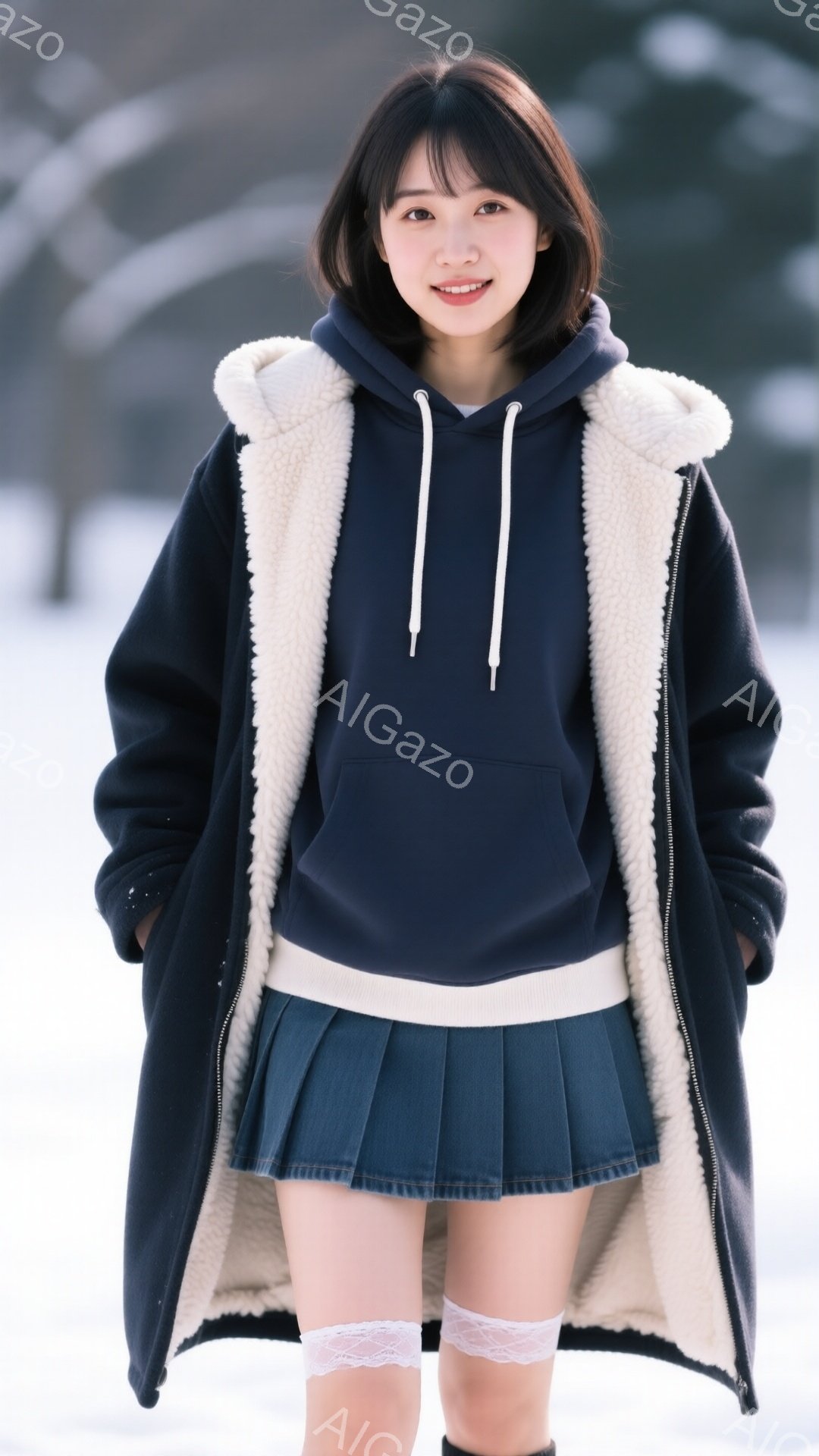 画像は、紺色のフリース裏起毛の長いジップアップパーカーと、同じ紺色のプリーツスカートを身に着けた若い女性を捉えています。彼女は短い黒髪で、微笑んでおり、白いレースのニーハイソックスを履いています。背景は雪景色で、冬の穏やかな雰囲気が漂っています。