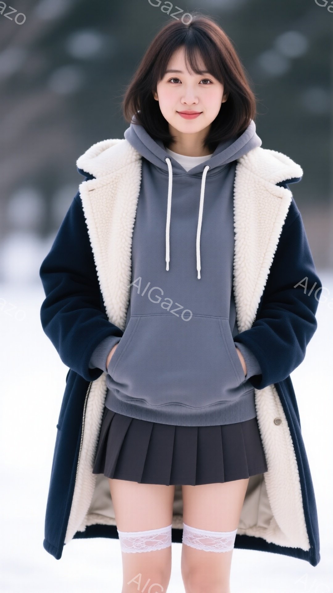 若い女性が、グレーのパーカーと黒のプリーツスカート、そして紺色のボアコートを着ています。彼女は両手をポケットに入れ、少し微笑んでカメラを見ており、長い脚にはレースのガーターベルトを付けています。背景は雪景色で、木々が見え、冬の静かで穏やかな雰囲気が漂っています。