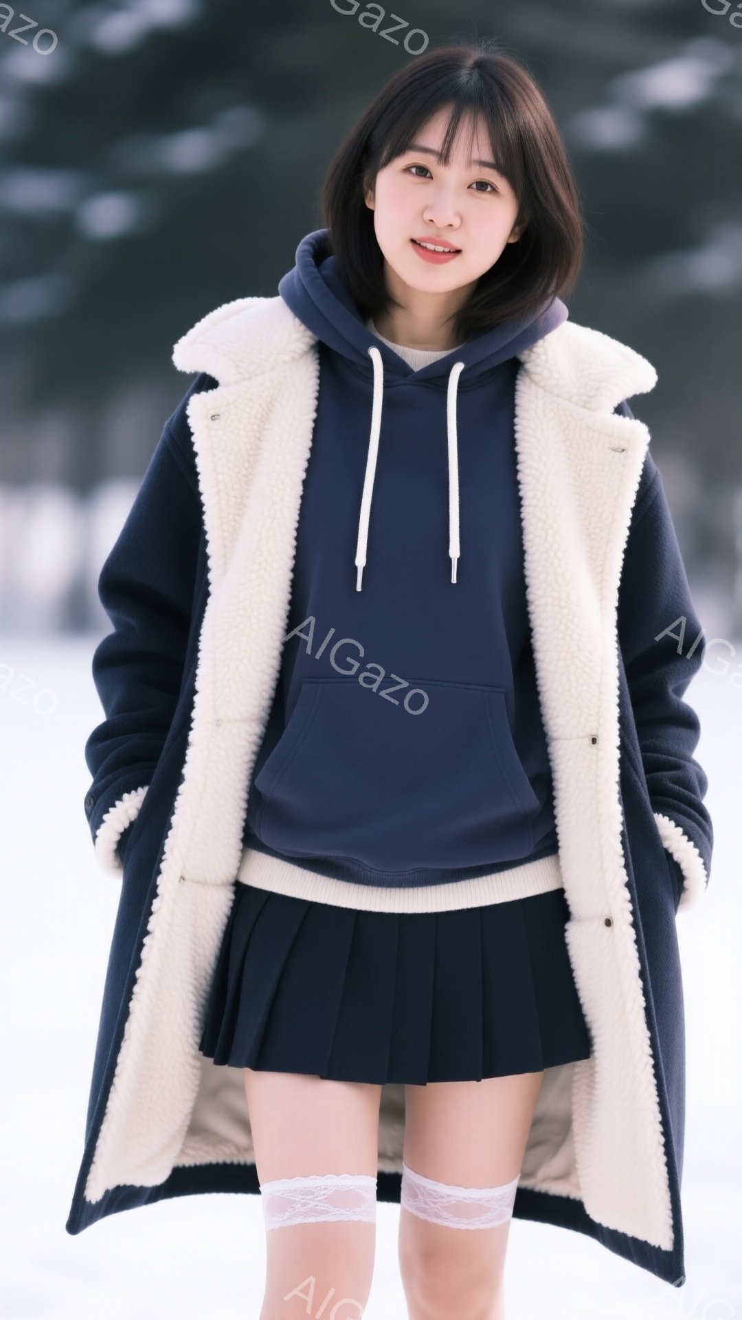 明るい笑顔の若い女性が写っています。彼女は濃い紺色のパーカーとプリーツスカート、レースのついた白いニーハイソックスを着用し、クリーム色のボアコートを羽織っています。背景は雪景色で、ぼやけた木々が見え、冬の冷たい空気を感じさせる雰囲気です。