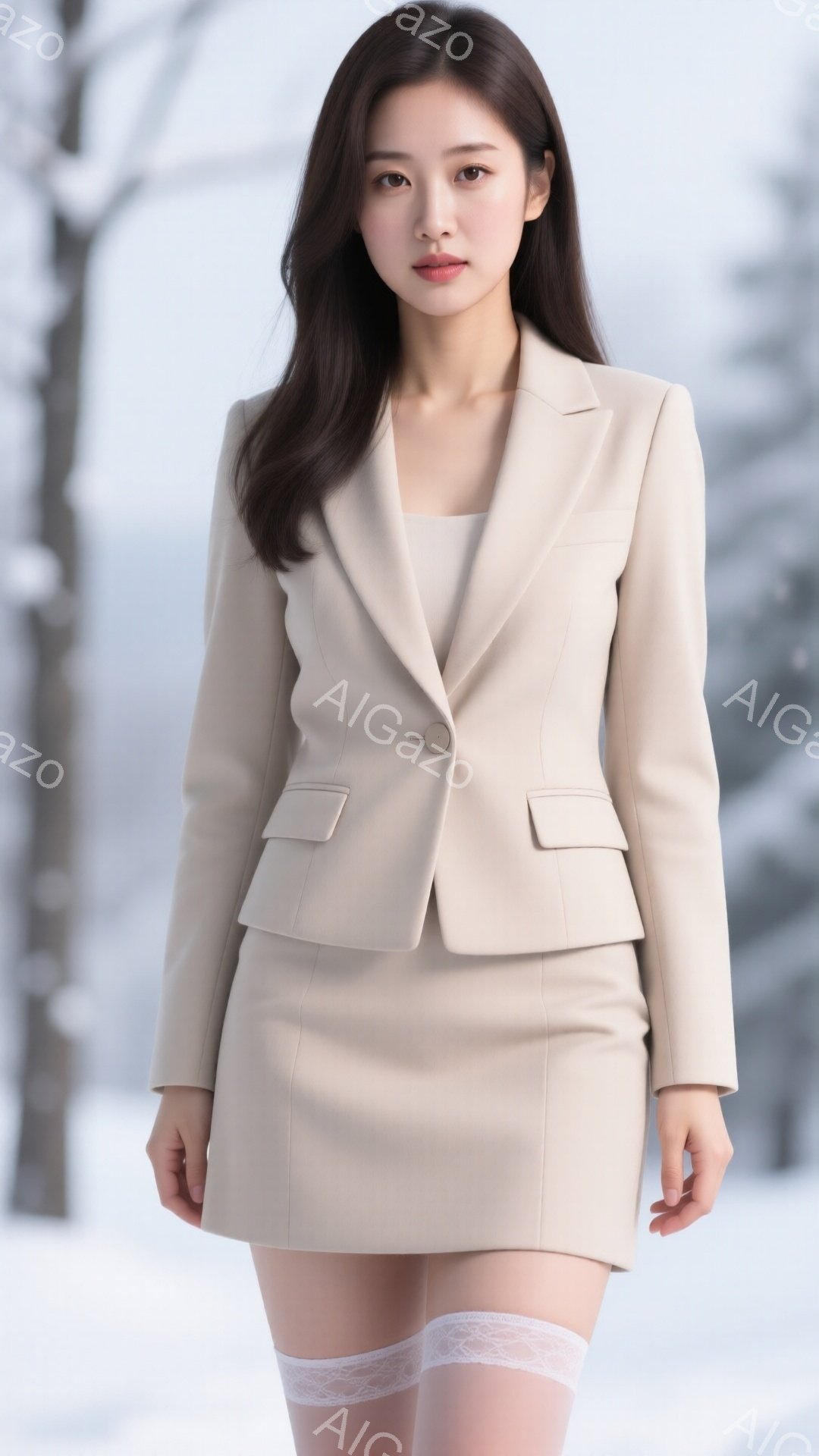 明るいベージュのスーツを着た若い女性が写っています。彼女は膝丈のスカートとシングルボタンのジャケットを着ており、白いレースのガーターベルトが覗いています。背景は雪景色で、ぼやけた木々が確認でき、全体的 - AI生成フリー素材