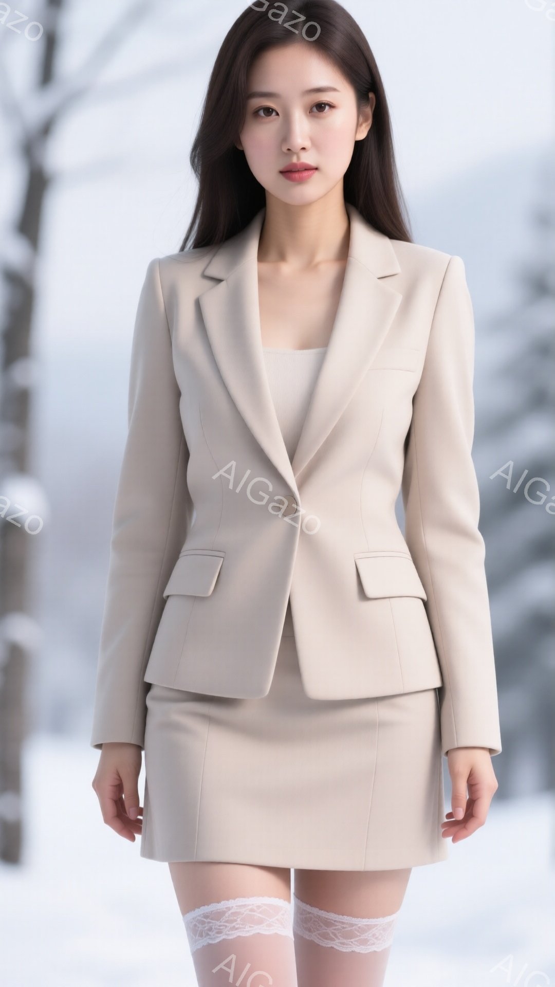 長いストレートヘアの女性が、クリーム色のジャケットとスカートのスーツを着ています。白いレースのストッキングを着用し、やや無表情な表情でカメラを見つめています。背景は雪景色で、ぼやけた木々が見え、全体的に静かで冬の雰囲気です。