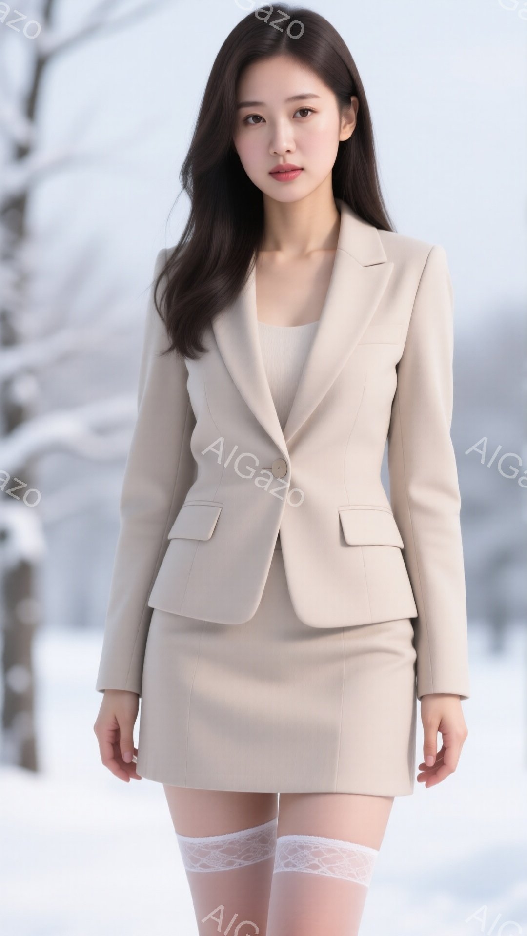 長いダークブラウンの髪が肩にかかる女性が、ベージュのスーツを着ています。彼女はレースのガーターベルトを着用し、雪景色を背景にポーズをとっています。全体的に、洗練された、どこか儚げな雰囲気が漂っています。