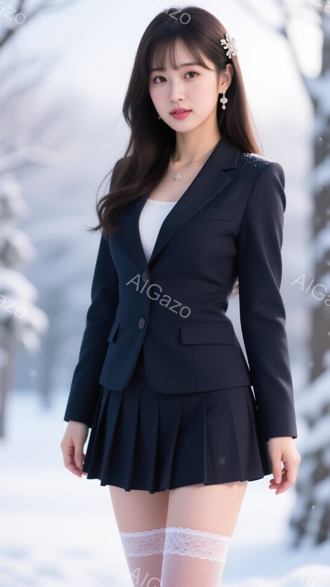 長いダークブラウンの髪をウェーブさせ、前髪はサイドに流した女性が写っています。紺色のテーラードジャケットとプリーツスカート、白いレースのニーハイソックスを着用し、首には繊細なネックレスと耳にはドロップイヤリングをつけています。背景は雪景色で、彼女は雪原の中に立っており、全体的にクールで洗練された雰囲気です。