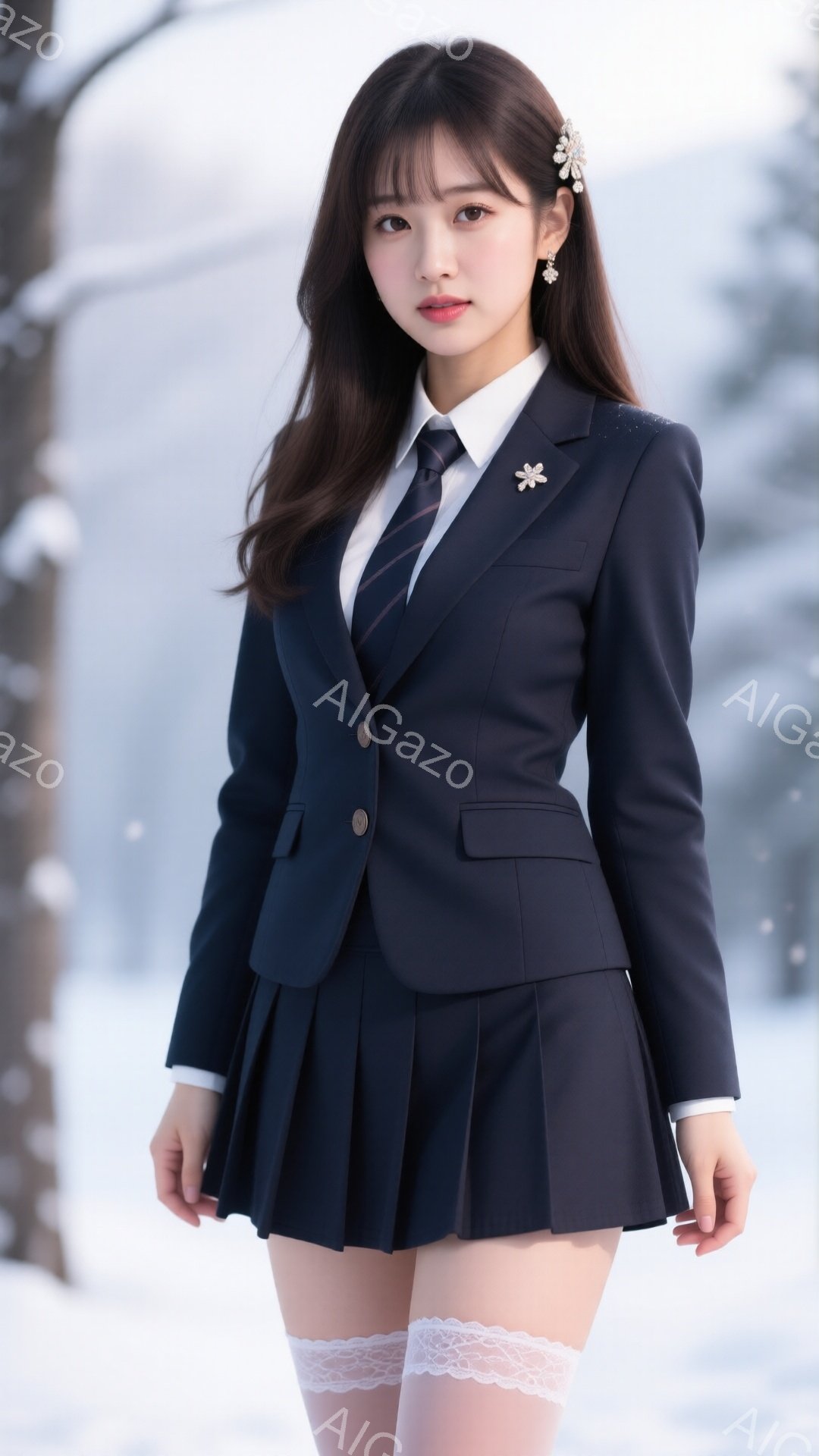 紺色のブレザーとプリーツスカートの制服を着た若い女性が立っている。彼女は黒い髪を肩まで伸ばし、正面を向いてわずかに微笑んでいる。背景は雪景色で、遠くには木々が見え、冬の冷たい雰囲気を感じさせる。