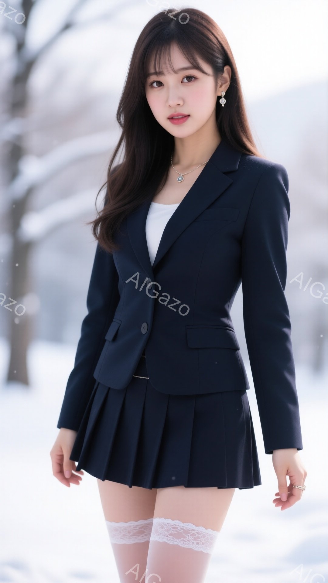 長いダークブラウンの髪を肩から垂らし、前髪は軽く流している女性が写っている。紺色のジャケットとプリーツスカートのセットアップに白いインナーを合わせ、レースのガーターベルトを着用しており、アクセサリーとしてネックレスとイヤリング、指輪を身につけている。雪が舞う屋外で、背景はぼやけており、冬の冷たい空気感と女性の凛とした美しさが際立っている。