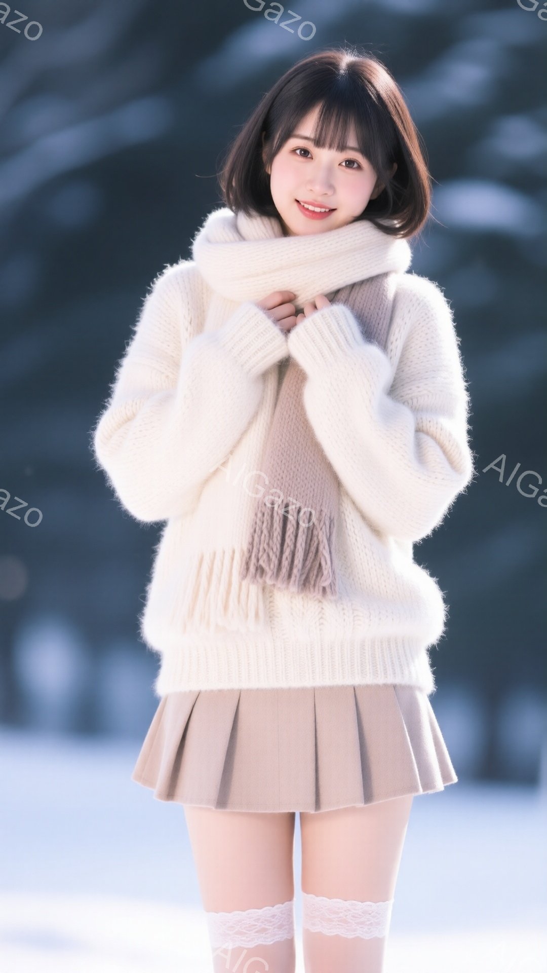 画像には、明るい笑顔を浮かべた若い女性が写っています。彼女はオフホワイトの厚手のニットセーターと、同色のプリーツスカート、そしてレースの装飾が施された白いニーハイソックスを着用しています。背景は雪景色 - AI生成フリー素材