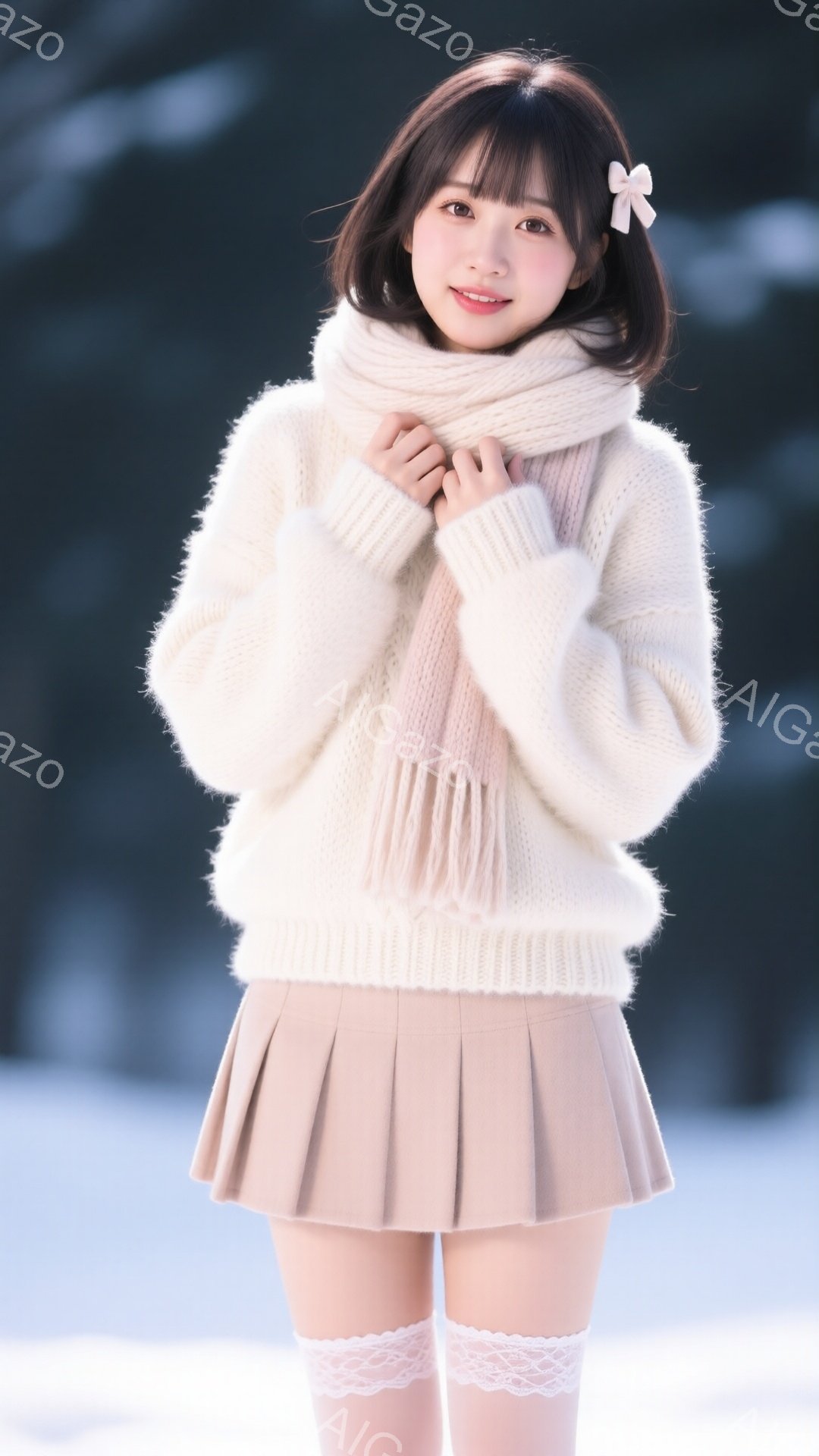 明るい茶髪の少女が、オフホワイトのふわふわしたセーターと、淡いピンク色のプリーツスカート、白いレース付きのソックスを身に着けている。彼女は両手を胸の前で組み、少し微笑んでおり、髪には白いリボンがついている。背景はぼやけた雪景色で、全体的に柔らかく、温かい雰囲気を醸し出している。
