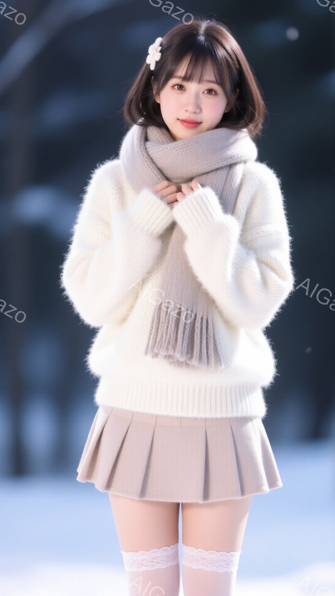 明るい茶色の髪に白いヘアピンをつけた若い女性が、クリーム色のモコモコしたセーターとプリーツミニスカート、白いレースのソックスを着用しています。彼女は両手を胸の前で組み、少し微笑んでカメラを見ており、背景にはぼやけた冬の風景が広がっています。全体的に、暖かく可愛らしい雰囲気が漂う写真です。