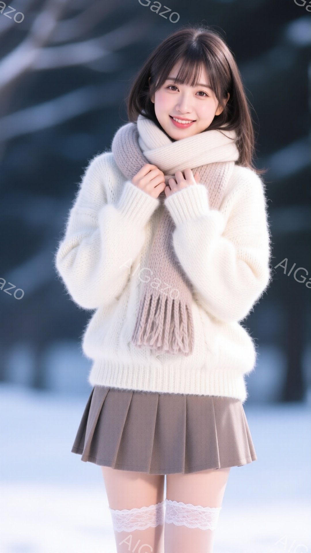 明るい笑顔を浮かべた若い女性が写っている。オフホワイトのふわふわしたセーターと、淡い茶色のプリーツスカート、白いレースのニーハイソックスを着用し、寒さから身を守っているように見える。背景は雪景色で、冬 - AI生成フリー素材