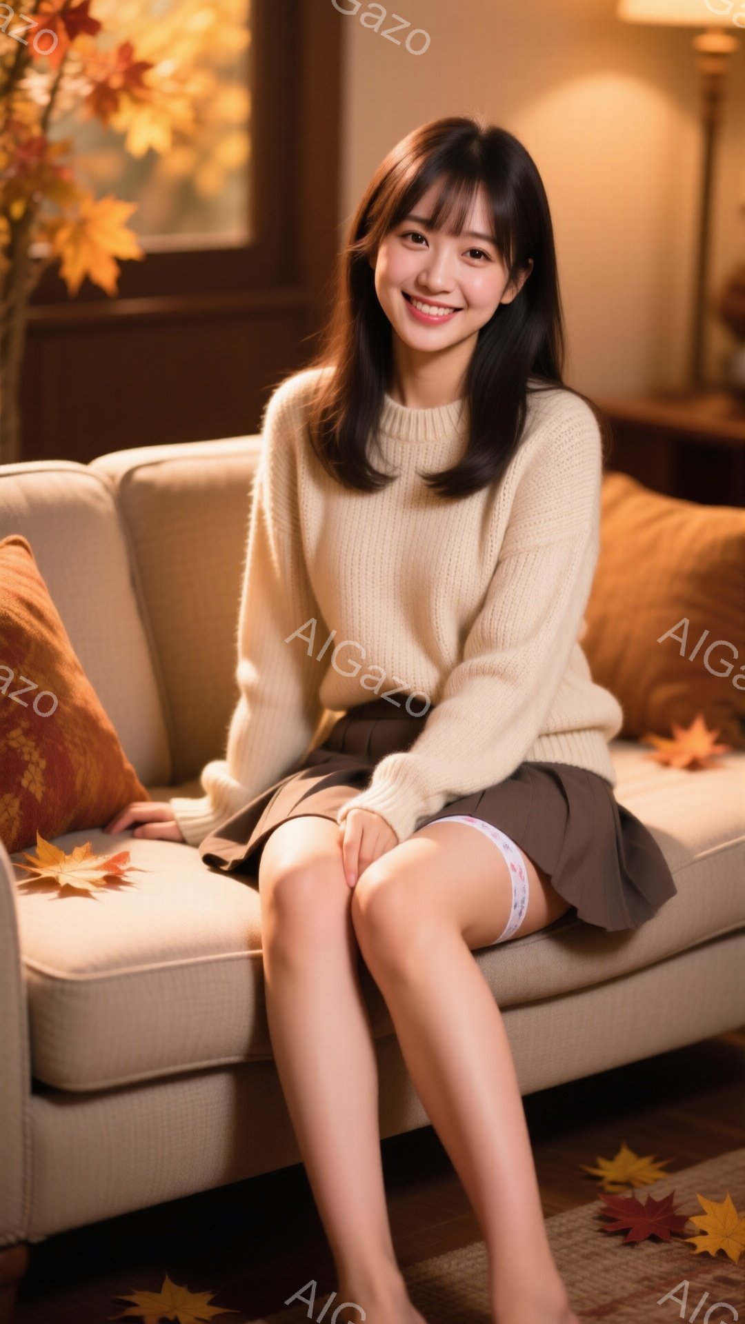 若い女性が明るいベージュ色のソファに座っており、優しい笑顔を浮かべています。オフホワイトのニットセーターと、膝丈のブラウンのスカートを身に着け、足元は素足です。背景には、暖色系の落ち葉や間接照明があり - AI生成フリー素材