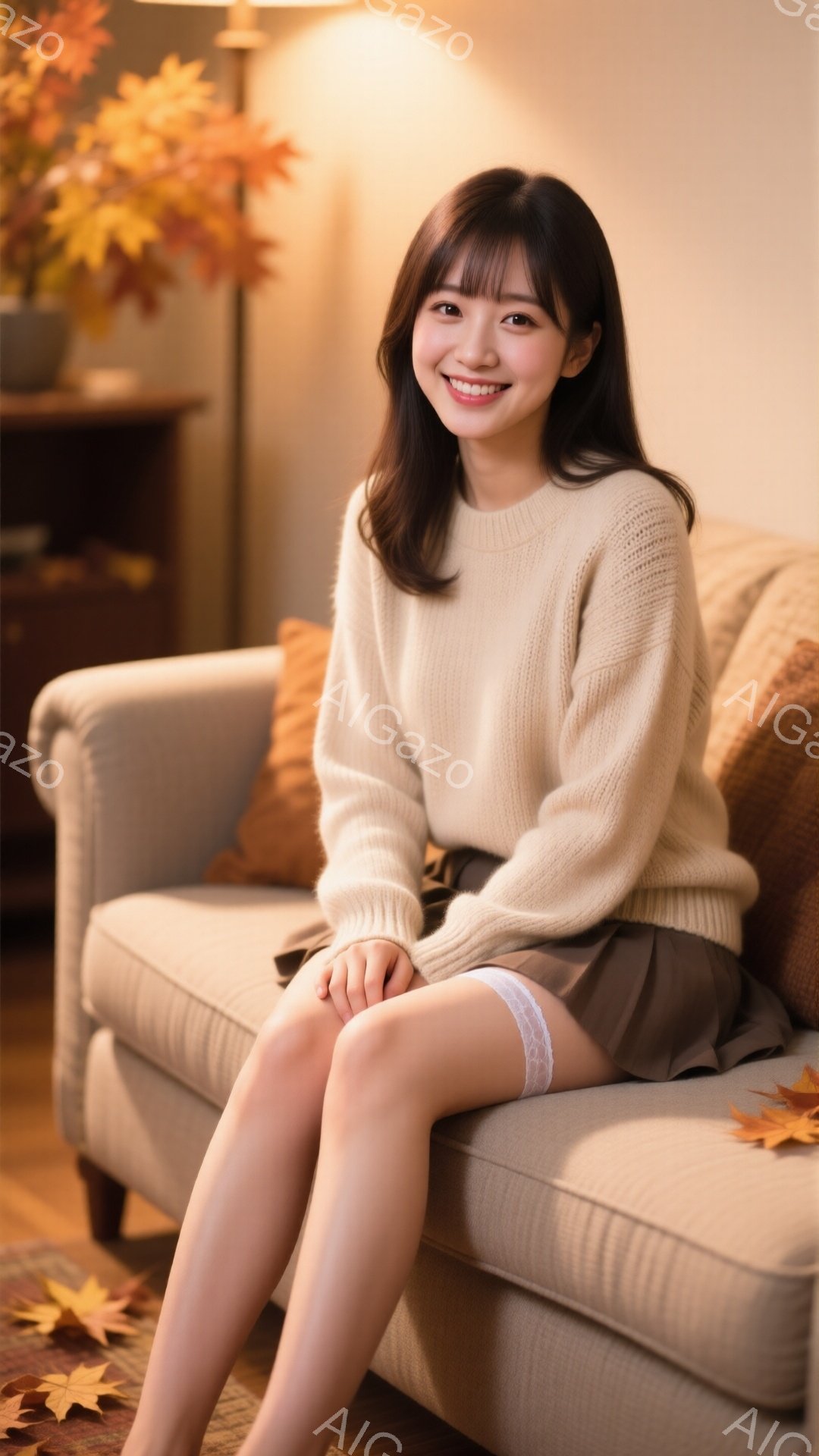 明るい笑顔を浮かべた女性が、ベージュのセーターと茶色のスカートを身に着けてソファに座っています。彼女は膝を揃えて座っており、足元には秋らしい紅葉の葉が散らばっています。背景には木製のテーブルと暖色系の照明があり、温かく穏やかな雰囲気が漂っています。