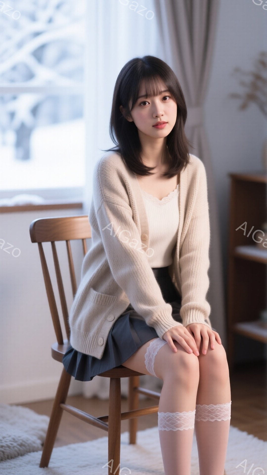 長い茶色の髪をセンターパートにした女性が、椅子に座ってこちらを見ています。ベージュのカーディガンに白いキャミソール、グレーのスカートを着用し、レースの膝下ソックスが可愛らしい印象です。窓から差し込む光 - AI生成フリー素材