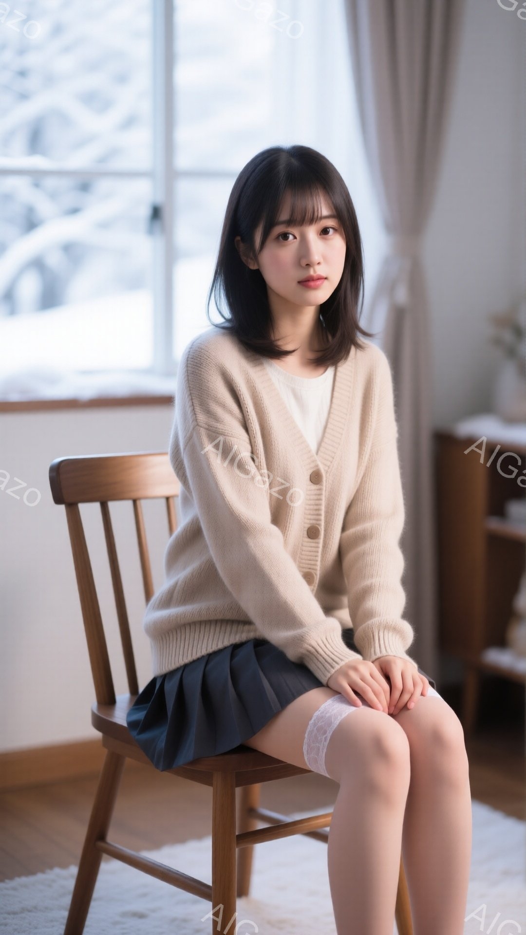 若い女性が椅子に座っており、ベージュのカーディガン、白いインナー、濃いグレーのプリーツスカートを着用しています。彼女は肩までの長さのダークブラウンの髪で、少し微笑んでいるように見え、穏やかな表情をして - AI生成フリー素材