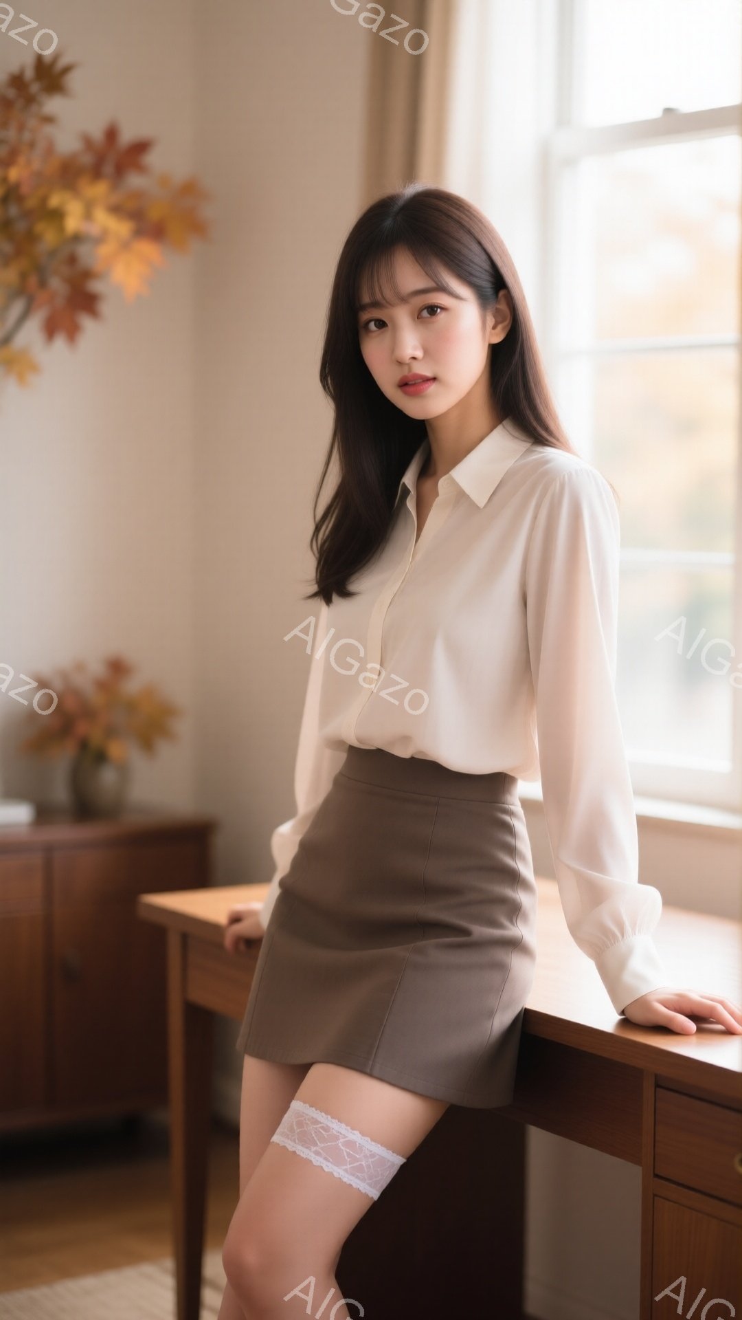 明るい室内で、薄茶色のブラウスとミニスカートを身につけた若い女性が写っている。彼女は軽く微笑んでおり、長い茶色の髪は肩にかかっている。背景には木製の家具と、秋らしい色の花が飾られている。 - AI生成フリー素材