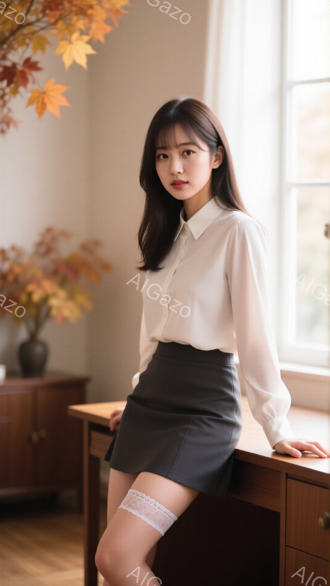 長いダークブラウンの髪で、前髪が眉毛にかかるようにカットされた若い女性が写っています。白いシースルーブラウスと黒のミニスカートを着用し、レースのガーターベルトが見えます。彼女は木製のテーブルにもたれて座っており、少し微笑んでおり、背景には秋の葉が飾られた花瓶と木製の家具が見えます。