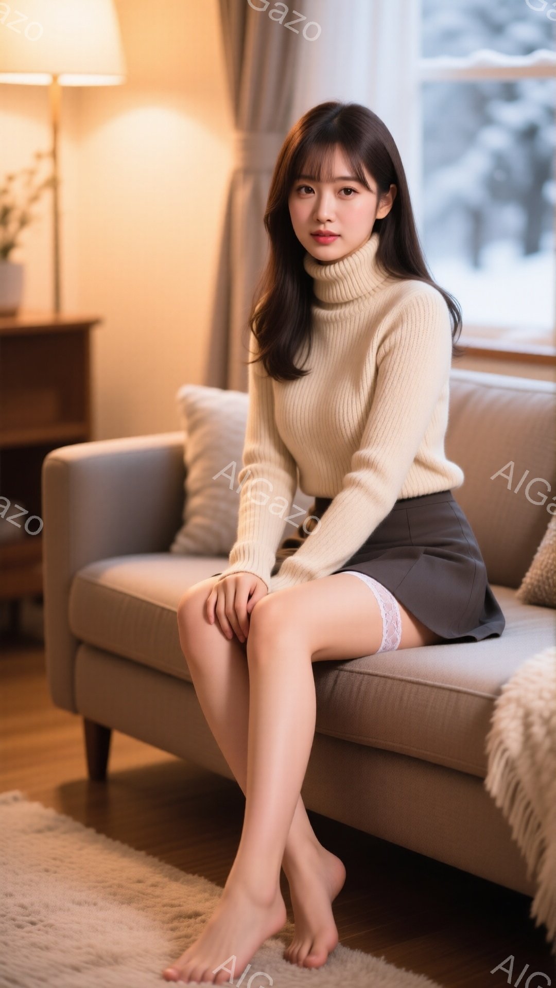 柔らかいクリーム色のセーターとダークブラウンの短いスカートを身に着けた女性が、ベージュ色のソファに座っています。彼女は足がむき出しで、少し微笑んでおり、長いダークブラウンの髪は肩にかかっています。背景には窓と、ぼやけた冬の景色が見え、全体的に暖かく居心地の良い雰囲気が漂っています。