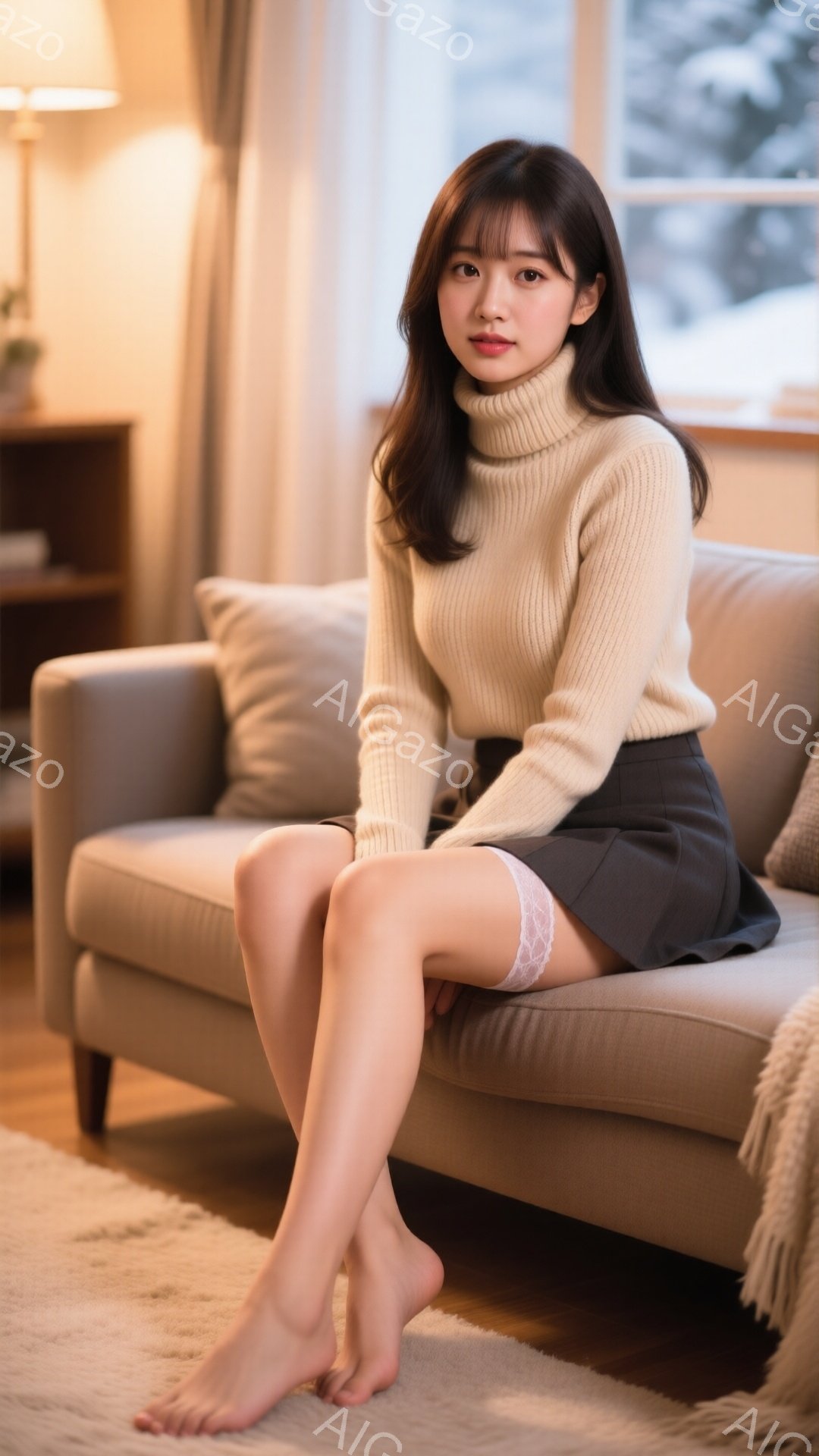 長い茶色の髪を肩にかける女性が、ベージュ色のソファーに座っています。クリーム色のタートルネックセーターとダークグレーのミニスカート、レースのエッジが覗く下着を身につけ、無表情で正面を見つめています。背景には木製のキャビネットと窓があり、外は雪景色で、室内は暖かく穏やかな雰囲気です。