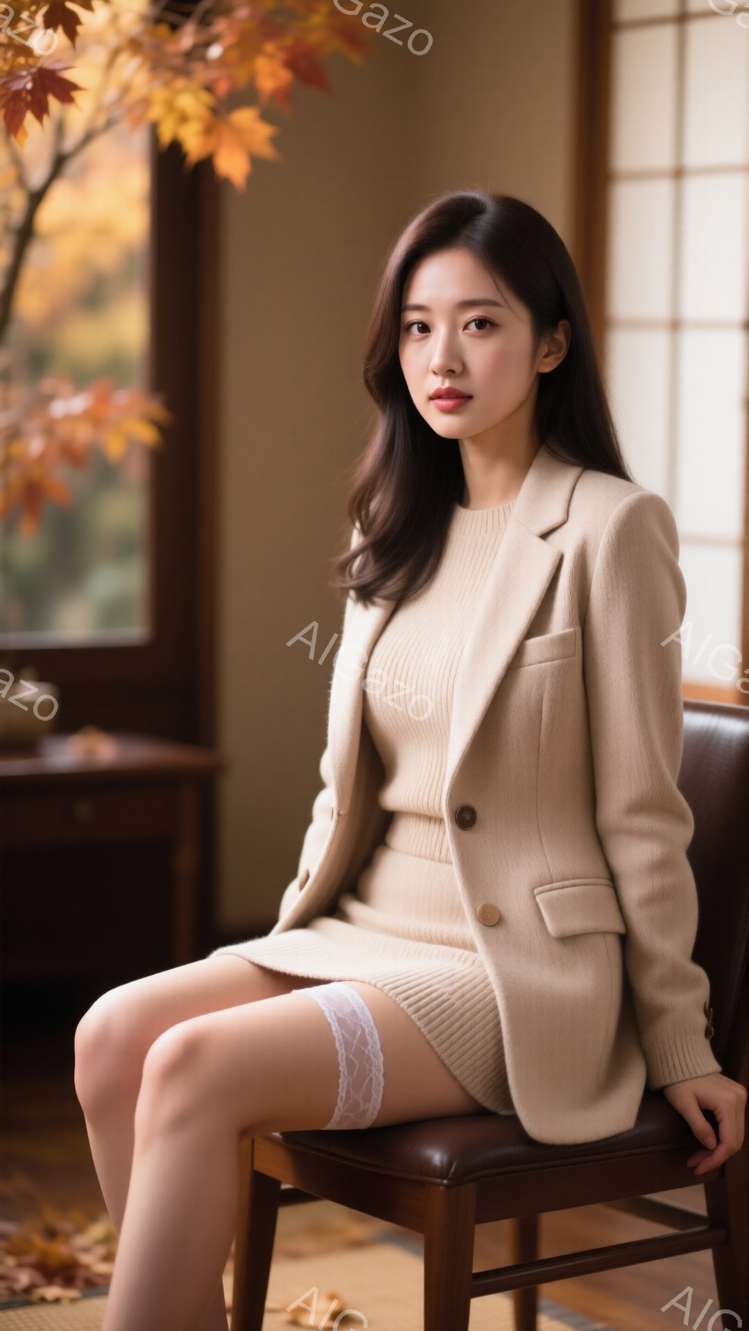 明るい茶色のニットのスーツを着た若い女性が、アンティーク調の椅子に座っています。彼女は長いストレートヘアで、控えめな微笑みを浮かべており、脚にはレースの縁取りが施されたガーターベルトを着用しています。背景には木製の家具と、紅葉の美しい木が見え、部屋全体が暖かく落ち着いた雰囲気です。