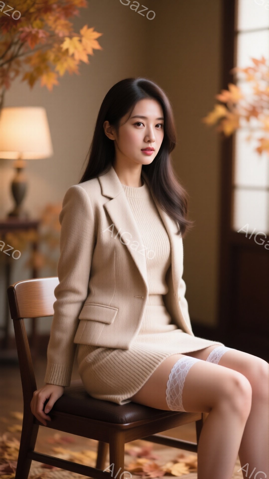 明るい茶色のニットのスーツを着た若い女性が椅子に座っています。彼女はストレートの黒髪で、落ち着いた表情をしています。背景には窓と、落ち葉で覆われた庭が見え、温かみのある秋の雰囲気が漂っています。