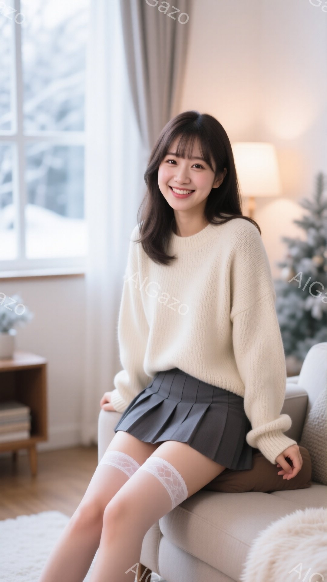 長い茶色の髪に前髪が特徴的な若い女性が、クリーム色のゆったりとしたセーターと黒のプリーツスカートを身に着けてソファーに座っています。彼女は微笑んでおり、白いレースのストッキングを履いています。背景には - AI生成フリー素材