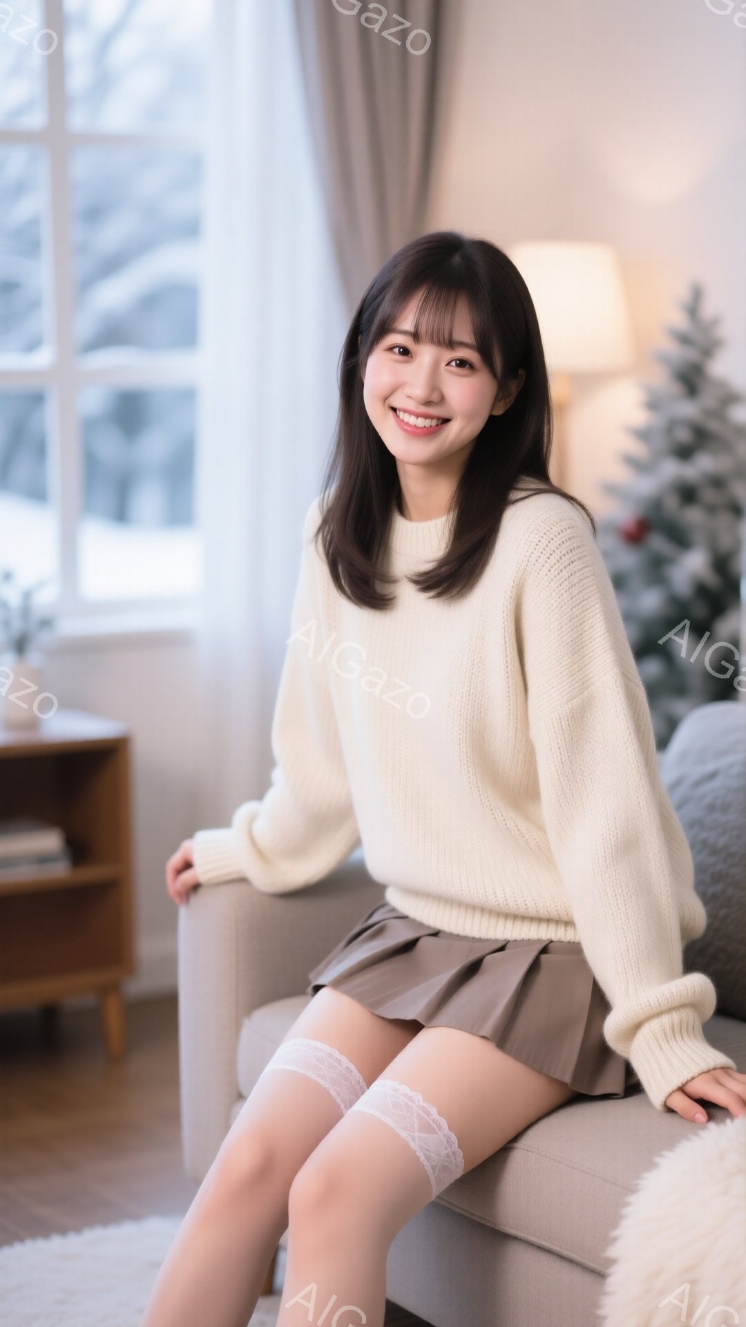 長いダークブラウンの髪で、前髪が少し眉毛にかかるようにカットされた女性がいます。オフホワイトのざっくりとしたニットセーターと、ベージュのプリーツスカートを着用し、白いレースのニーハイソックスを履いています。背景には木製のキャビネットとクリスマスツリーが見え、窓から差し込む光で室内は明るく、温かい雰囲気が漂っています。