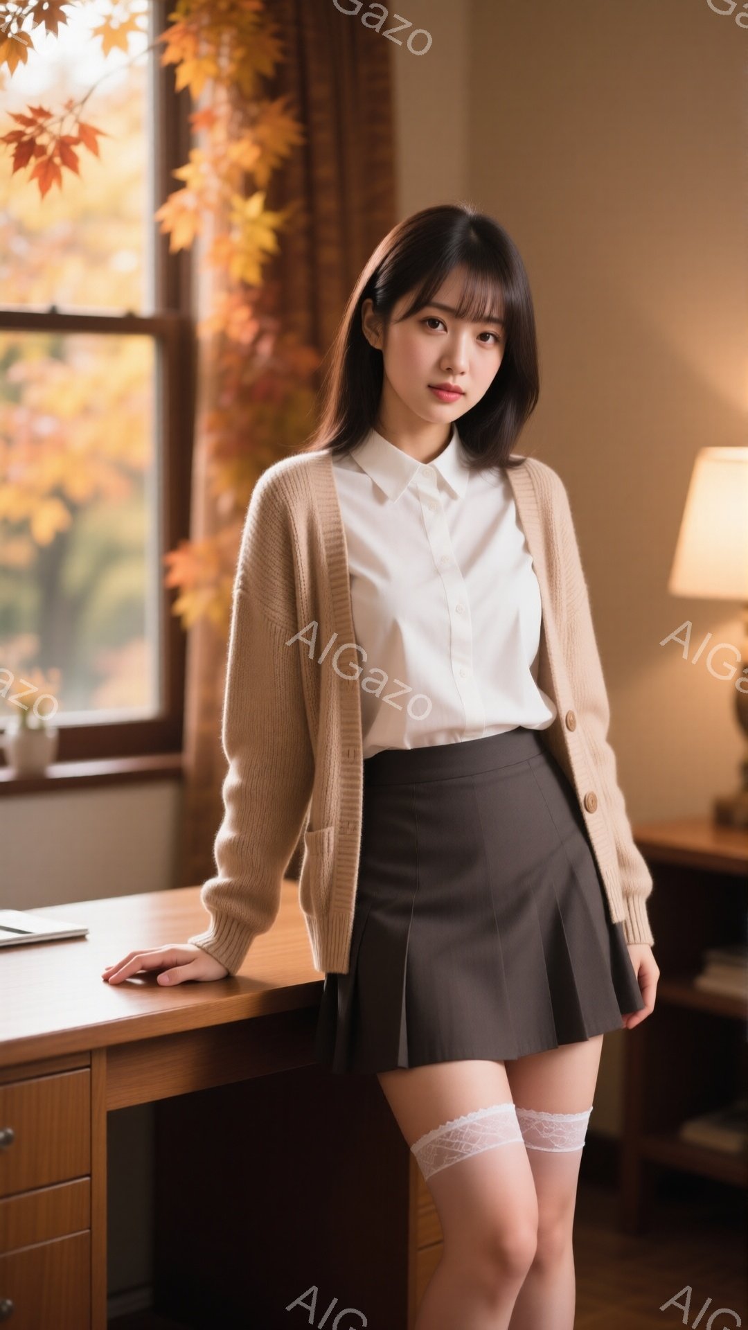 明るい茶色のカーディガンに白いシャツ、そして濃い茶色のプリーツスカートを身に着けた若い女性が写っています。彼女は片手を木の机に置き、少し微笑んでこちらを見ています。背景には、鮮やかな紅葉の木々と室内に - AI生成フリー素材