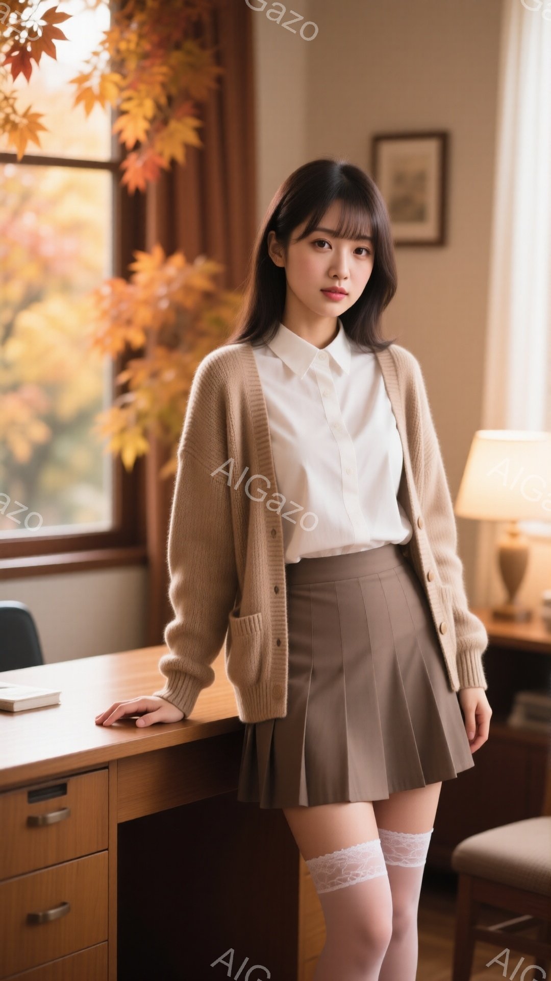明るい茶色のカーディガンを羽織り、白いシャツと茶色のプリーツスカートを合わせた女性が写っています。彼女は膝上丈の白のレッグウォーマーを履き、落ち着いた表情でデスクにもたれて立っています。背景には紅葉の - AI生成フリー素材