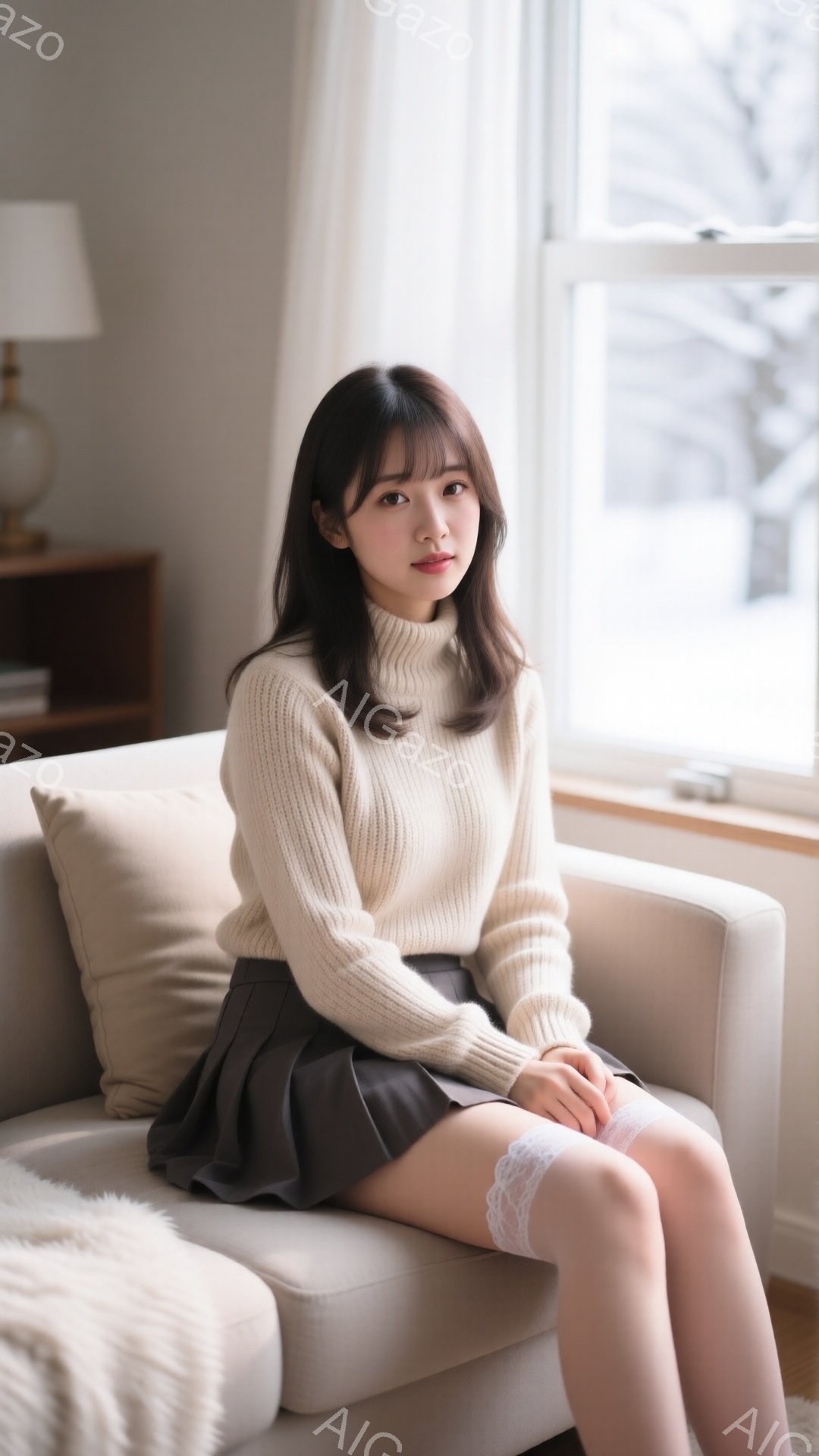 長いダークブラウンの髪は肩にかかり、前髪が額にかかっています。ベージュのセーターとダークブラウンのプリーツスカートを身に着け、白いレースのソックスを履いています。窓の外は雪景色で、室内は温かく、落ち着 - AI生成フリー素材