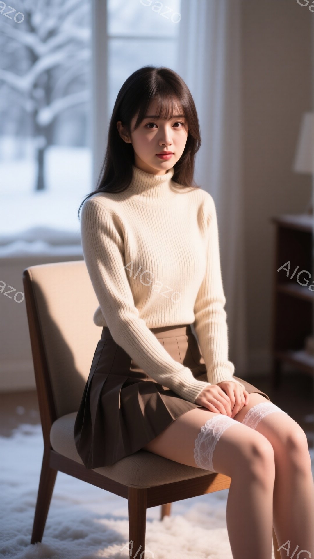 長い黒髪で、前髪は眉毛にかかるように整えられています。ベージュ色のタートルネックセーターと、茶色のプリーツスカートを着用し、白いレースのガーターベルトを覗かせています。椅子に座っており、少しこちらを見て微笑んでいる様子で、背景には雪景色が見える窓と木製の家具があります。