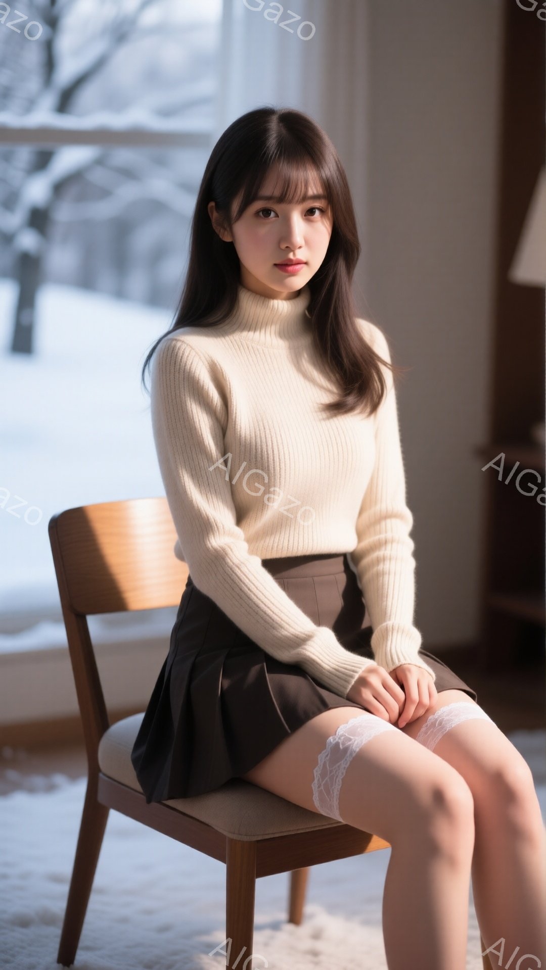 長い黒髪の女性が椅子に座っており、クリーム色のリブニットセーターと茶色のプリーツスカートを着用しています。レースが縁取られた白いストッキングを履き、やや控えめな微笑みを浮かべています。背景は窓の外の雪 - AI生成フリー素材