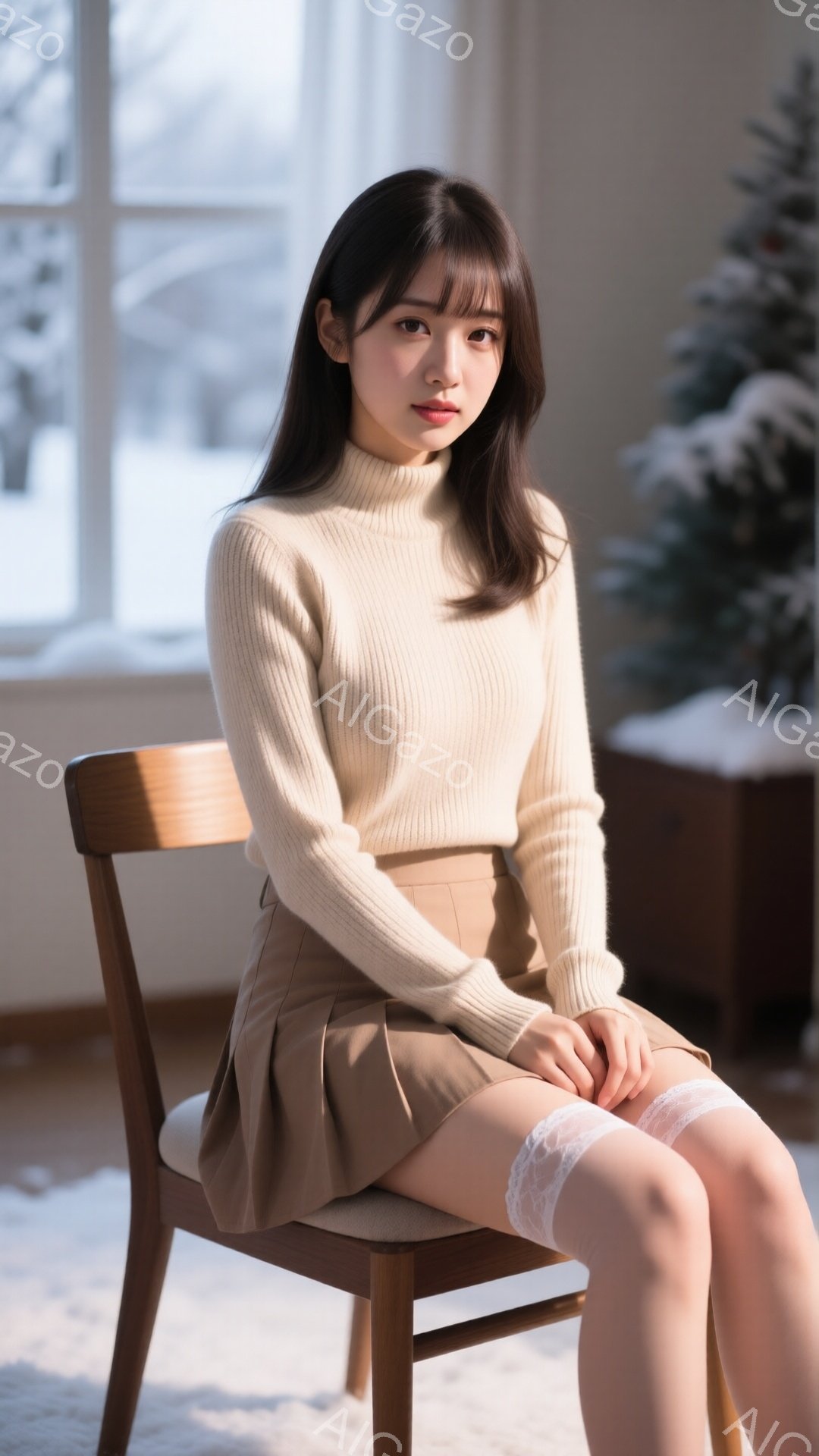明るい室内で、茶色のニットセーターとミニスカートを身につけた若い女性が椅子に座っています。彼女は長い黒髪で、少し微笑んだ表情を浮かべています。背景には窓とクリスマスツリーが見え、暖かく穏やかな雰囲気が - AI生成フリー素材