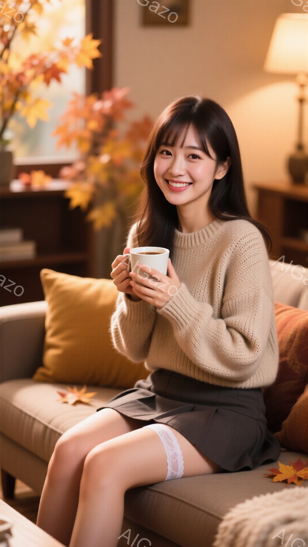 明るい笑顔の若い女性が、ベージュ色のニットセーターとグレーのプリーツスカートを身につけ、膝を組んでソファに座っています。彼女は両手で温かい飲み物が入ったマグカップを持っており、背景には秋らしい紅葉の装飾と暖色の照明が見えます。全体的に、暖かく、居心地の良い、秋の雰囲気が漂う写真です。
