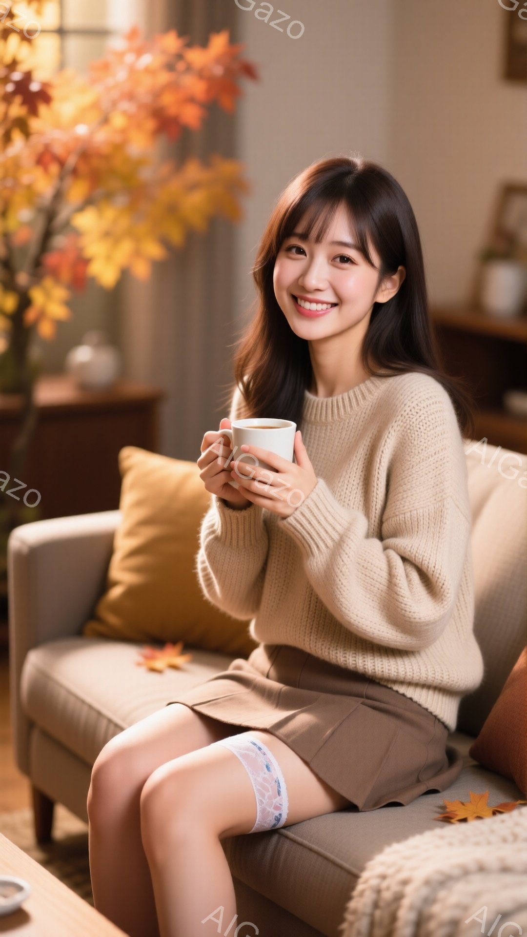 長い茶髪で、前髪が目にかかる女性が、ベージュ色のセーターとスカートを着てソファに座っています。彼女は微笑んでおり、両手で温かい飲み物を入れたカップを持っています。背景には、秋らしい紅葉の装飾と、暖色系 - AI生成フリー素材