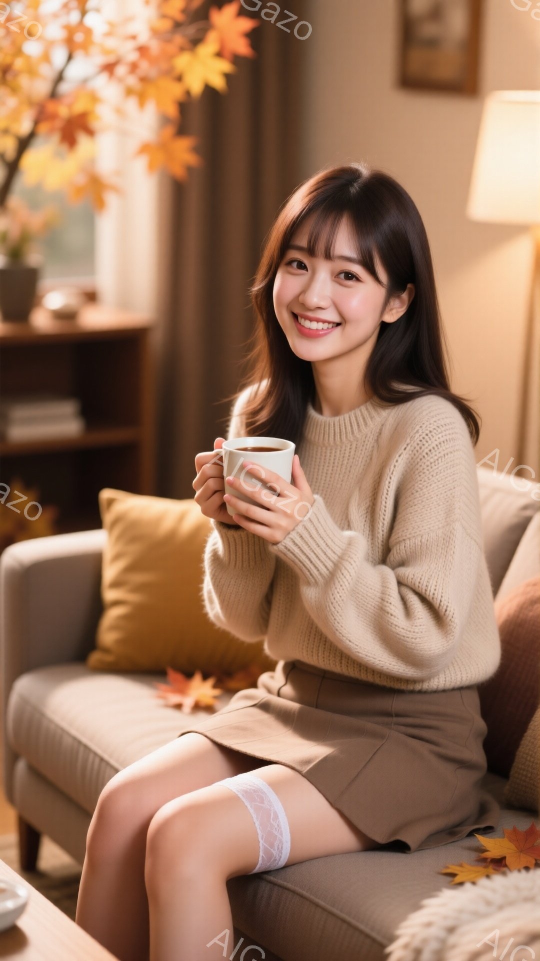 明るい色のセーターとスカートを身につけた若い女性が、膝を組んでソファに座っています。彼女は温かい飲み物を入れたマグカップを持って微笑んでおり、リラックスした表情です。背景には、暖色系の葉っぱが散りばめられた自然の風景が見え、穏やかで温かい秋の雰囲気を醸し出しています。
